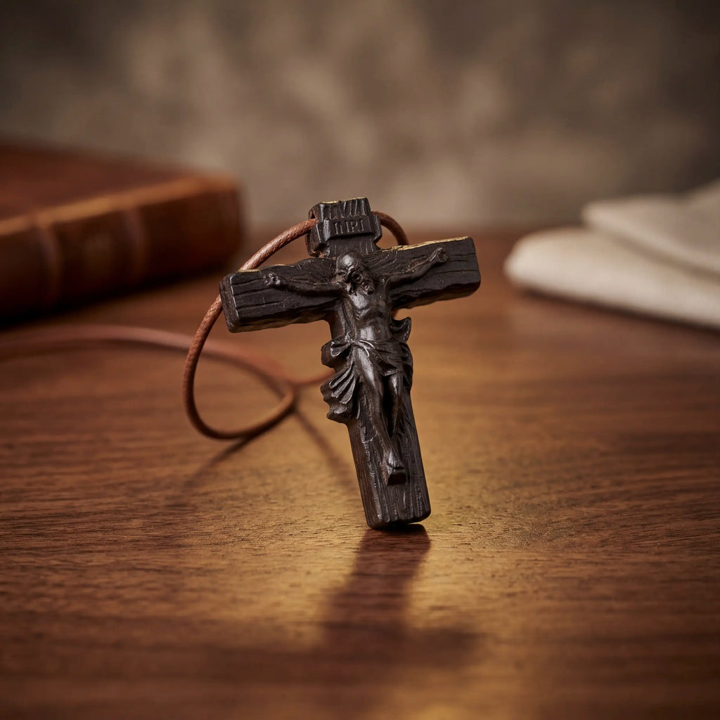 Rustic Crucifix Necklace – Handmade Reclaimed Ebony Wood Cross Pendant