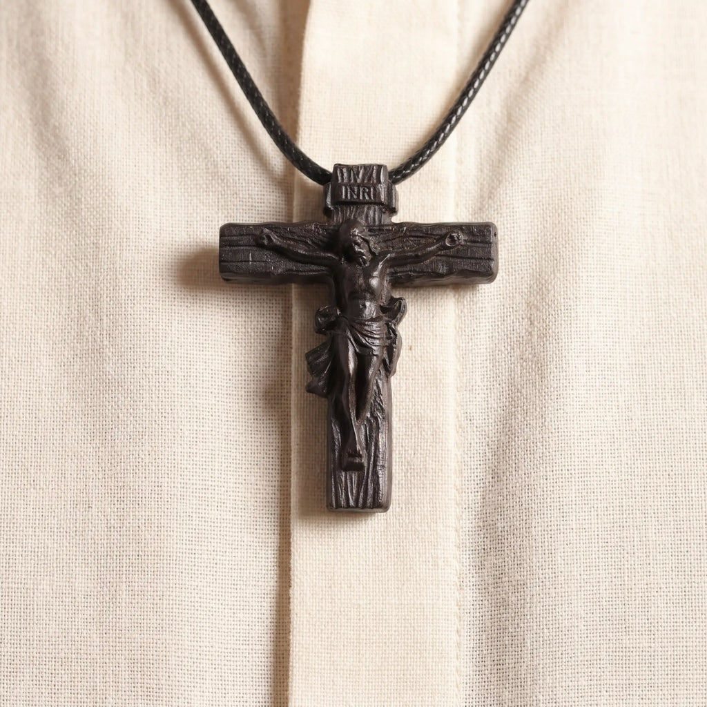 Rustic Crucifix Necklace – Handmade Reclaimed Ebony Wood Cross Pendant