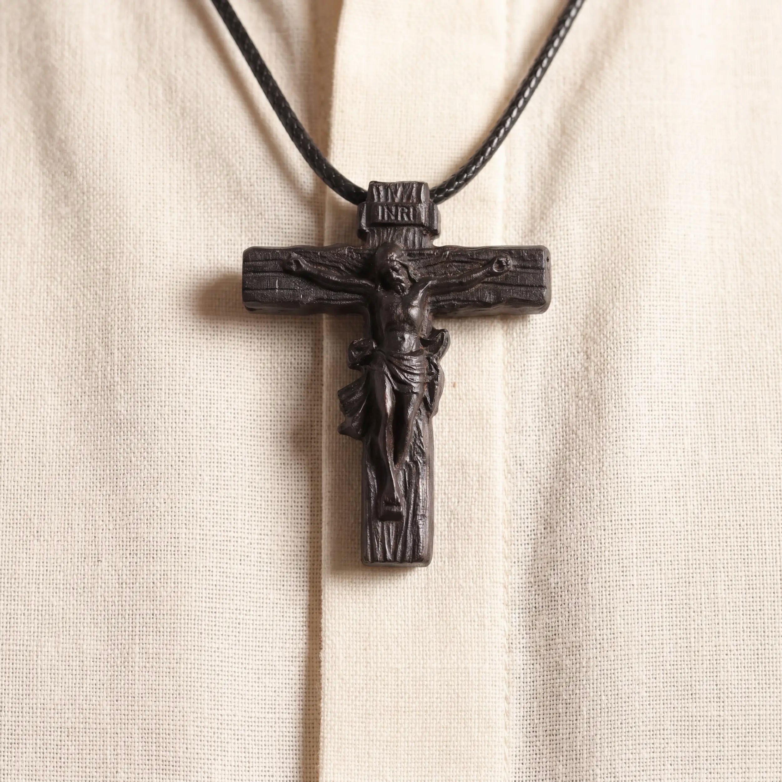 Rustic Crucifix Necklace – Handmade Reclaimed Ebony Wood Cross Pendant