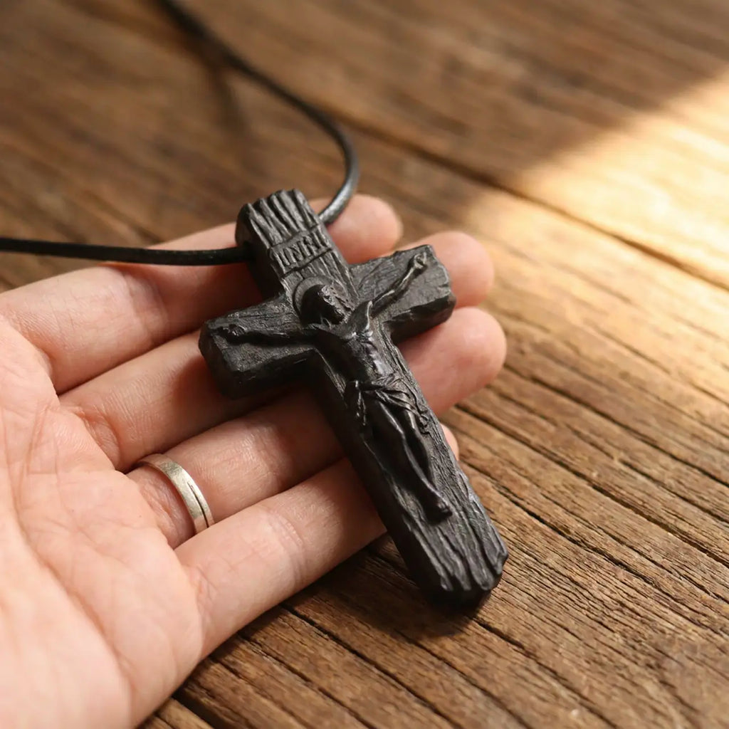 Personalized Rustic Ebony Crucifix Necklace – Hand-Carved Wood Cross Pendant