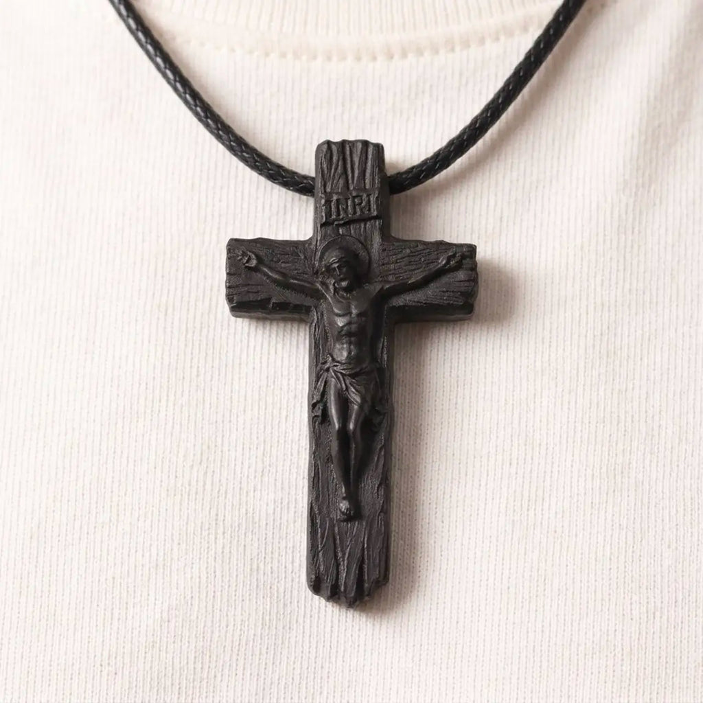 Personalized Rustic Ebony Crucifix Necklace – Hand-Carved Wood Cross Pendant