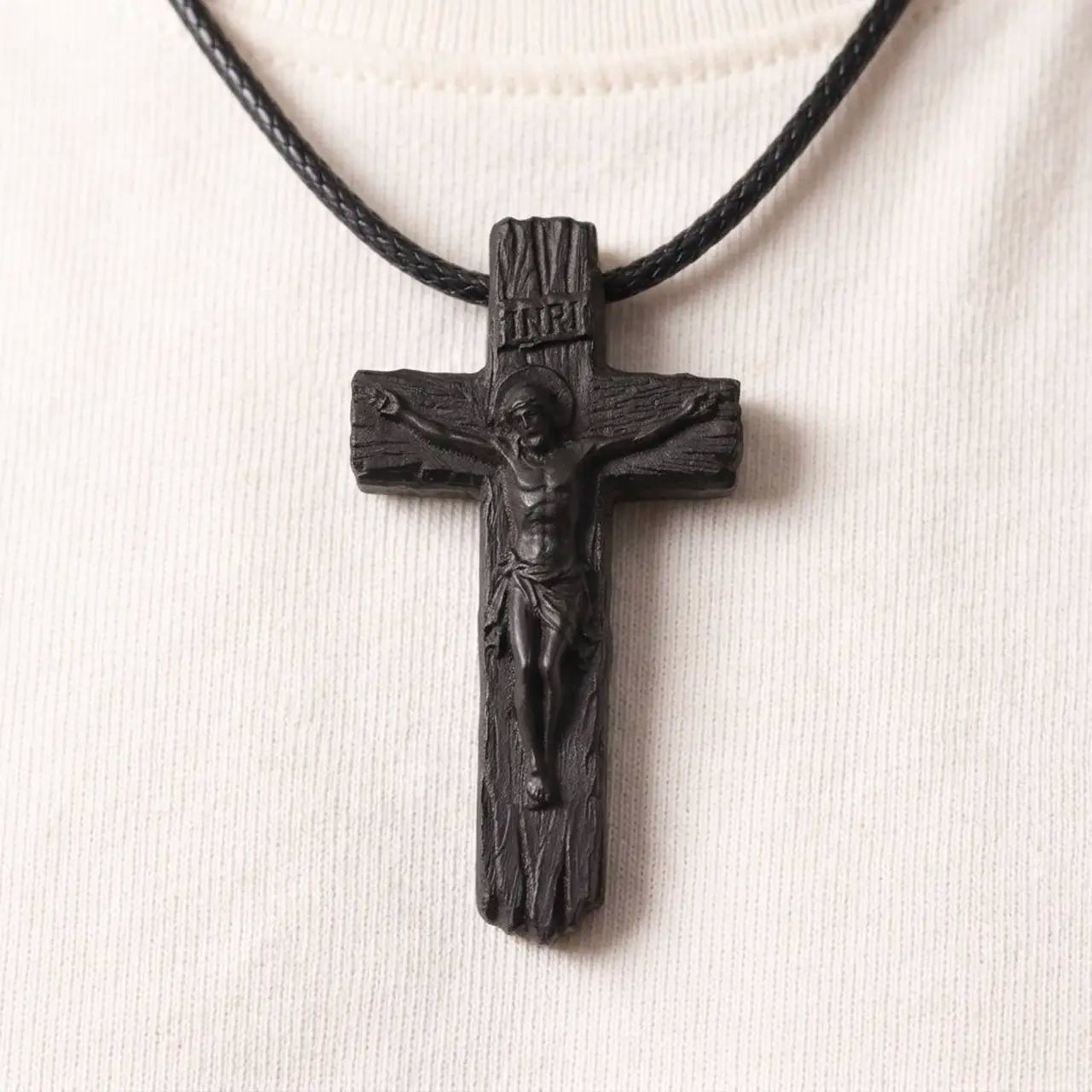 Personalized Rustic Ebony Crucifix Necklace – Hand-Carved Wood Cross Pendant