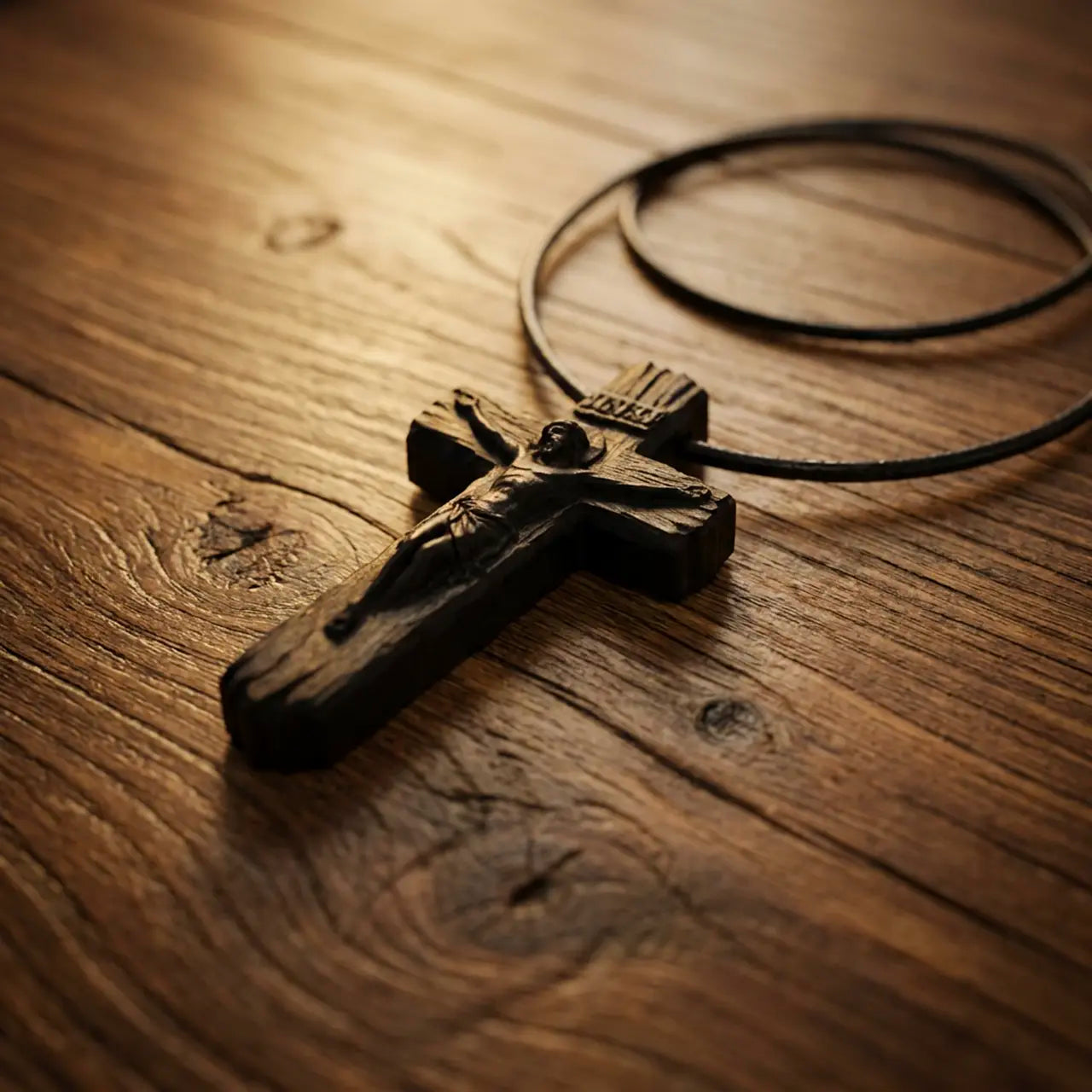 Personalized Rustic Ebony Crucifix Necklace – Hand-Carved Wood Cross Pendant