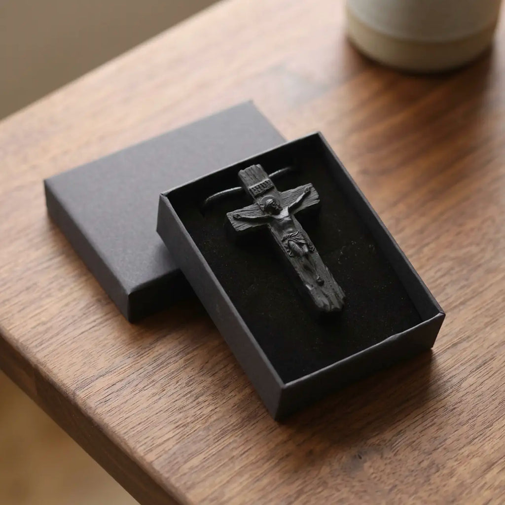 Personalized Rustic Ebony Crucifix Necklace – Hand-Carved Wood Cross Pendant