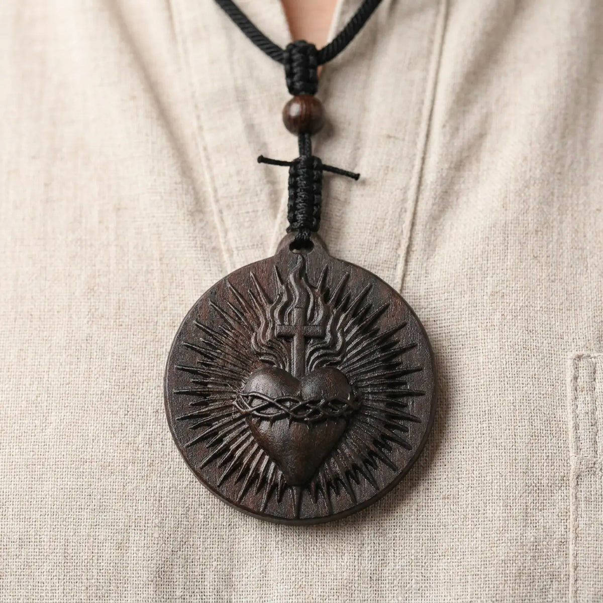 Sacred Heart & IHS Ebony Medal Necklace – Double-Sided Hand-Carved Wood Pendant, Catholic Gift