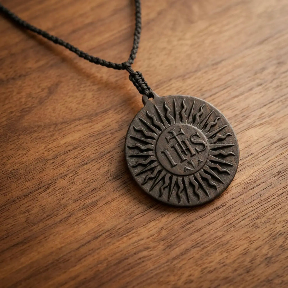 Sacred Heart & IHS Ebony Medal Necklace – Double-Sided Hand-Carved Wood Pendant, Catholic Gift