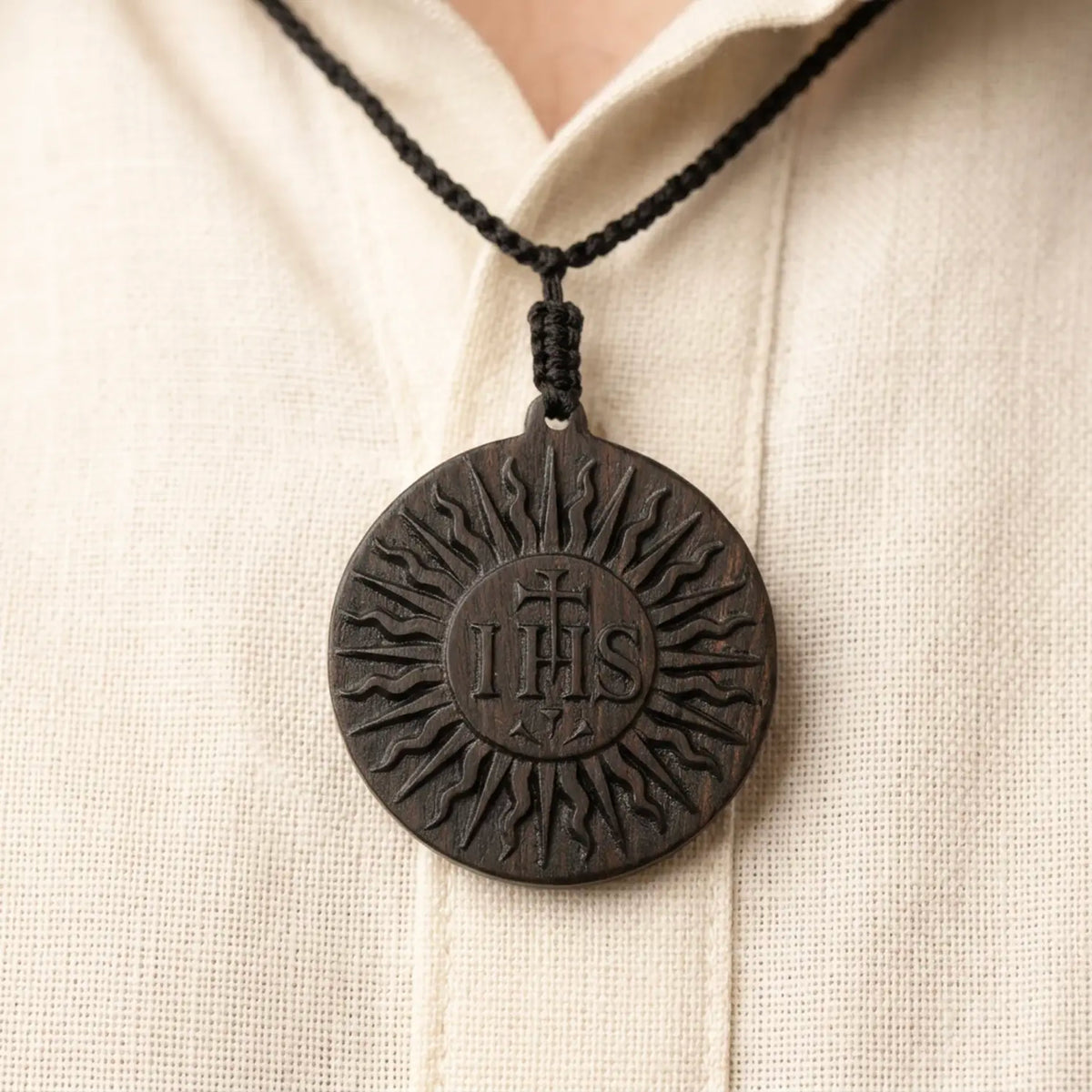 Sacred Heart & IHS Ebony Medal Necklace – Double-Sided Hand-Carved Wood Pendant, Catholic Gift