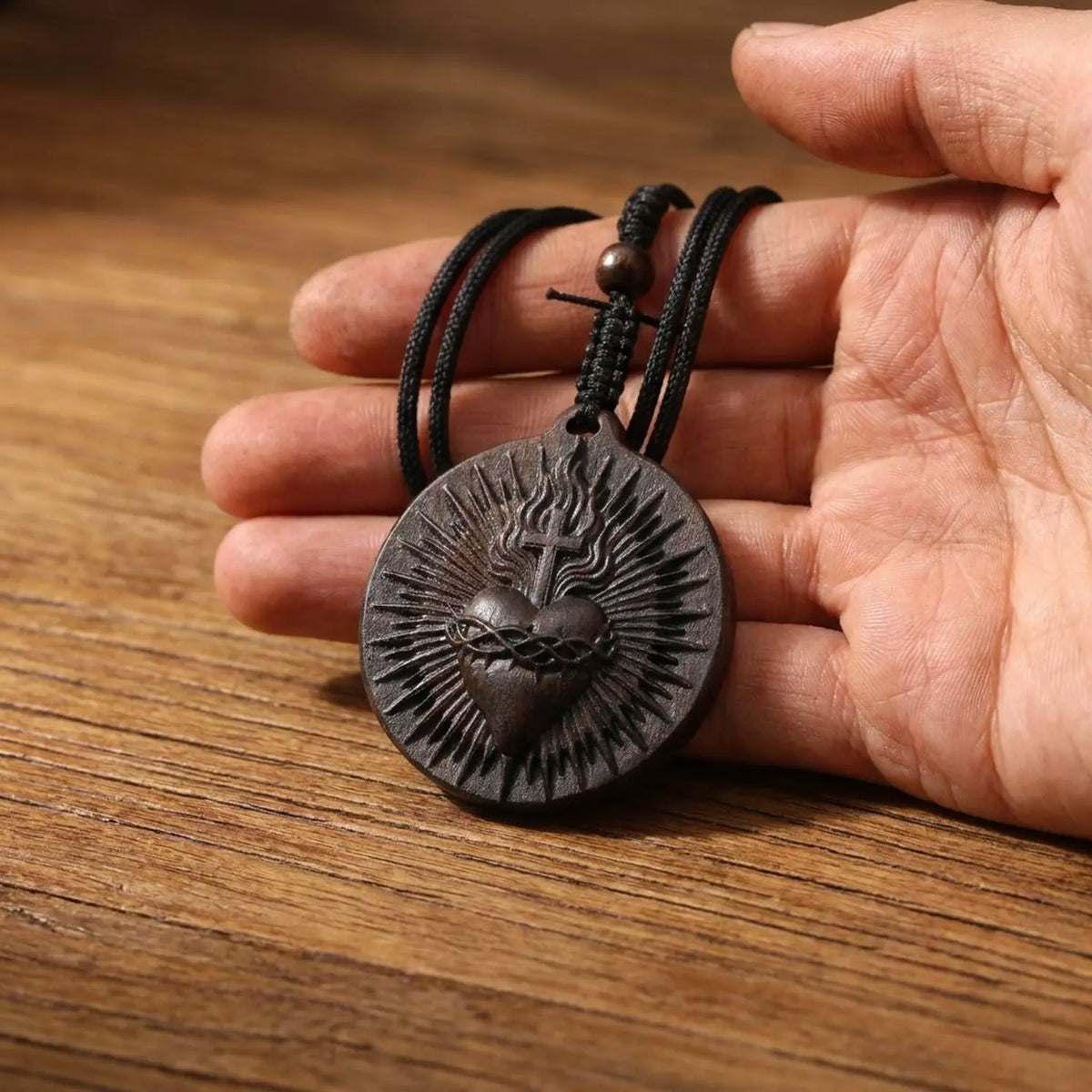 Sacred Heart & IHS Ebony Medal Necklace – Double-Sided Hand-Carved Wood Pendant, Catholic Gift