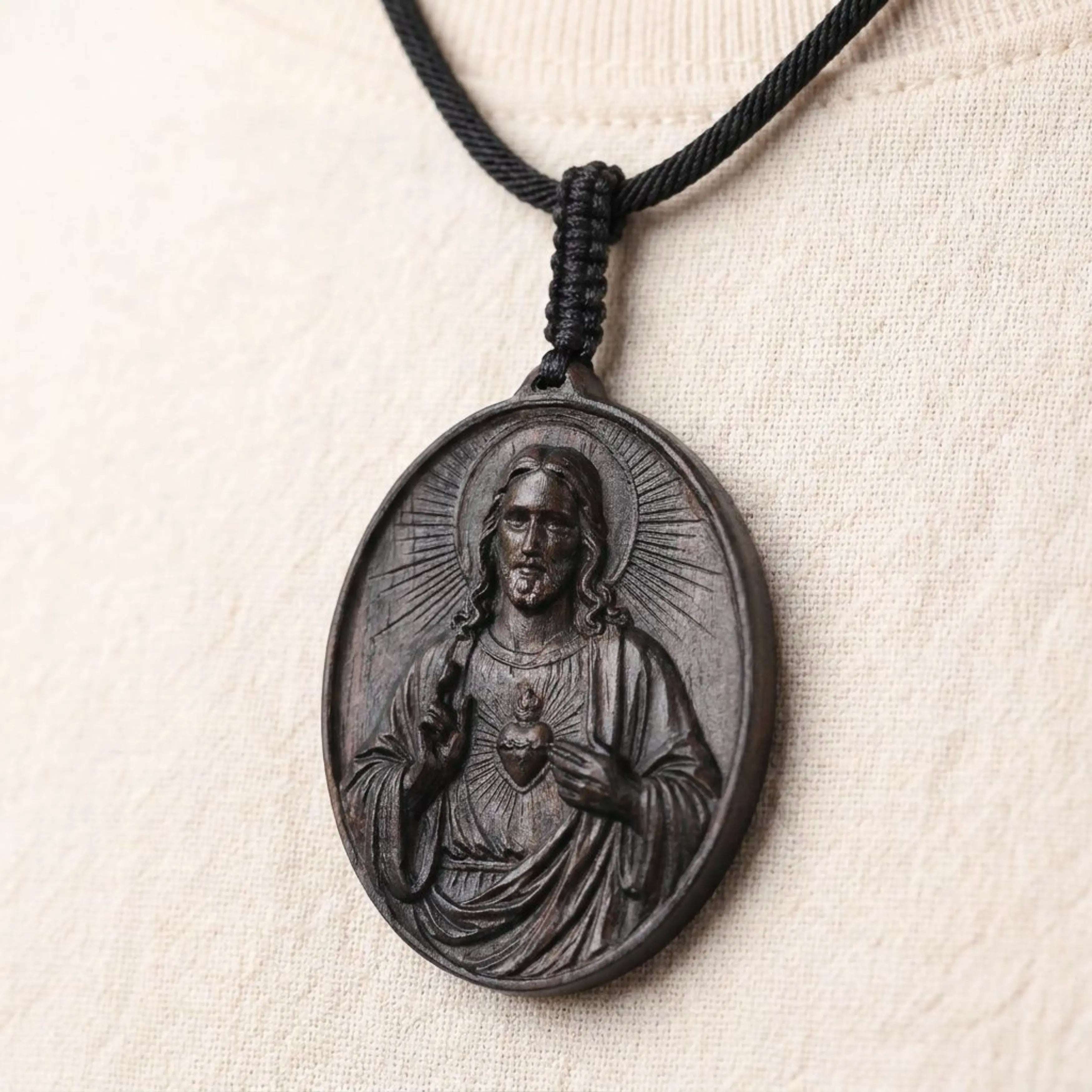 Handcrafted Ebony Wood Sacred Heart of Jesus Necklace
