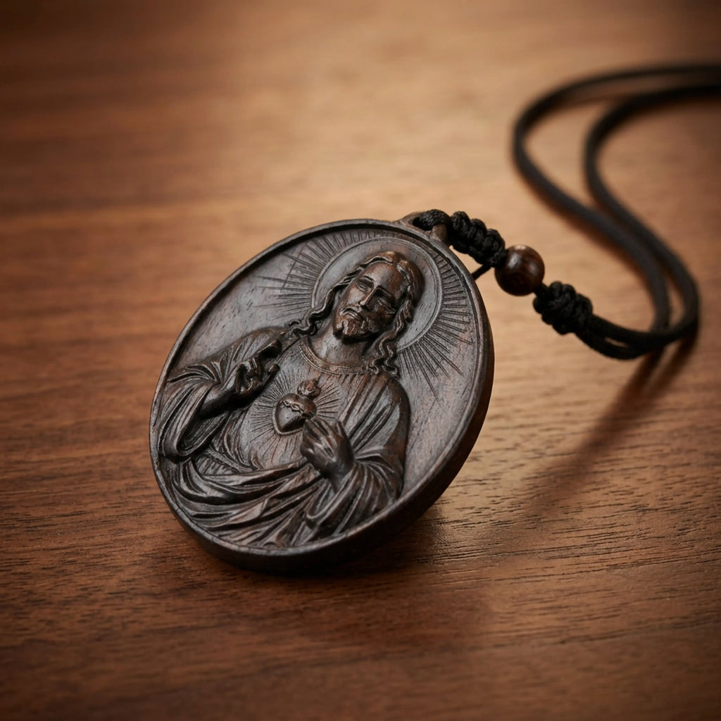 Handcrafted Ebony Wood Sacred Heart of Jesus Necklace