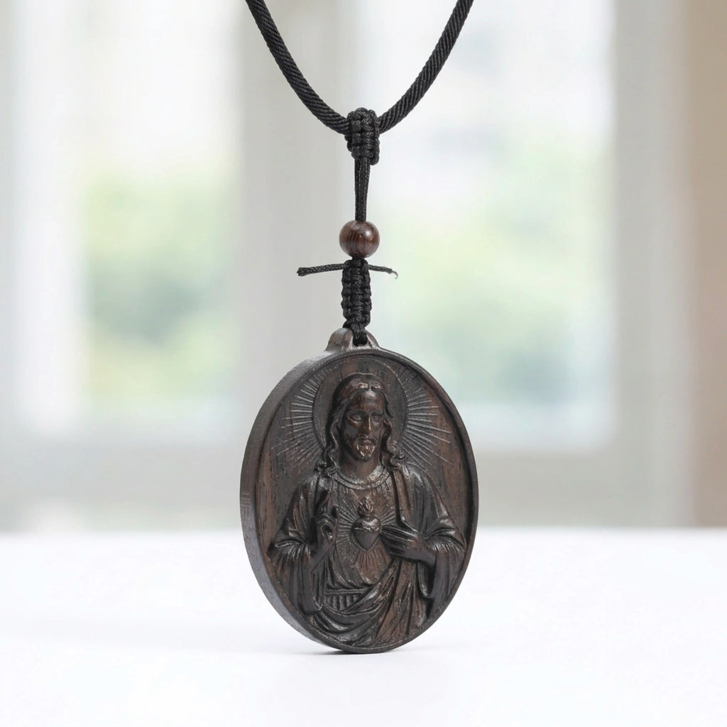 Handcrafted Ebony Wood Sacred Heart of Jesus Necklace