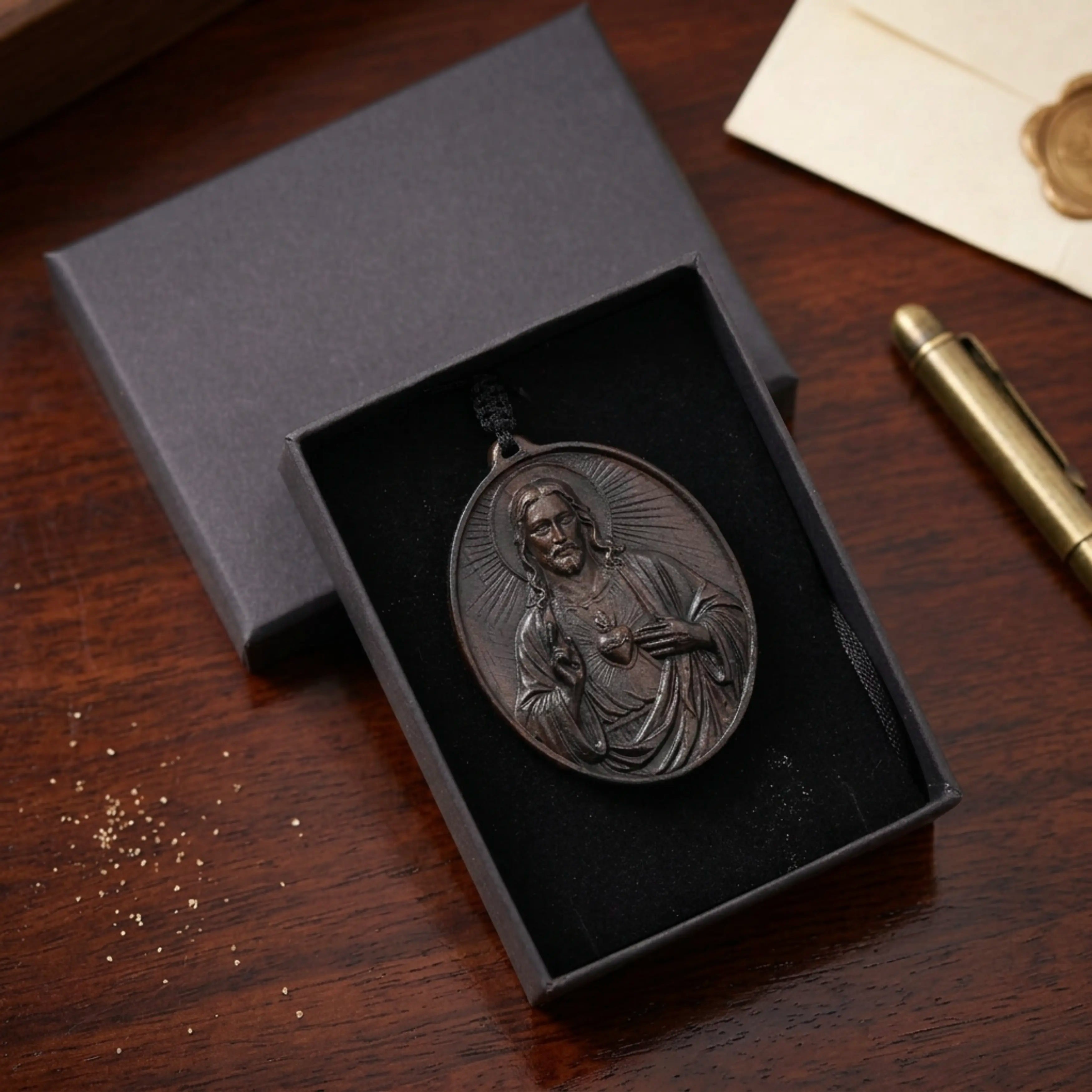 Handcrafted Ebony Wood Sacred Heart of Jesus Necklace