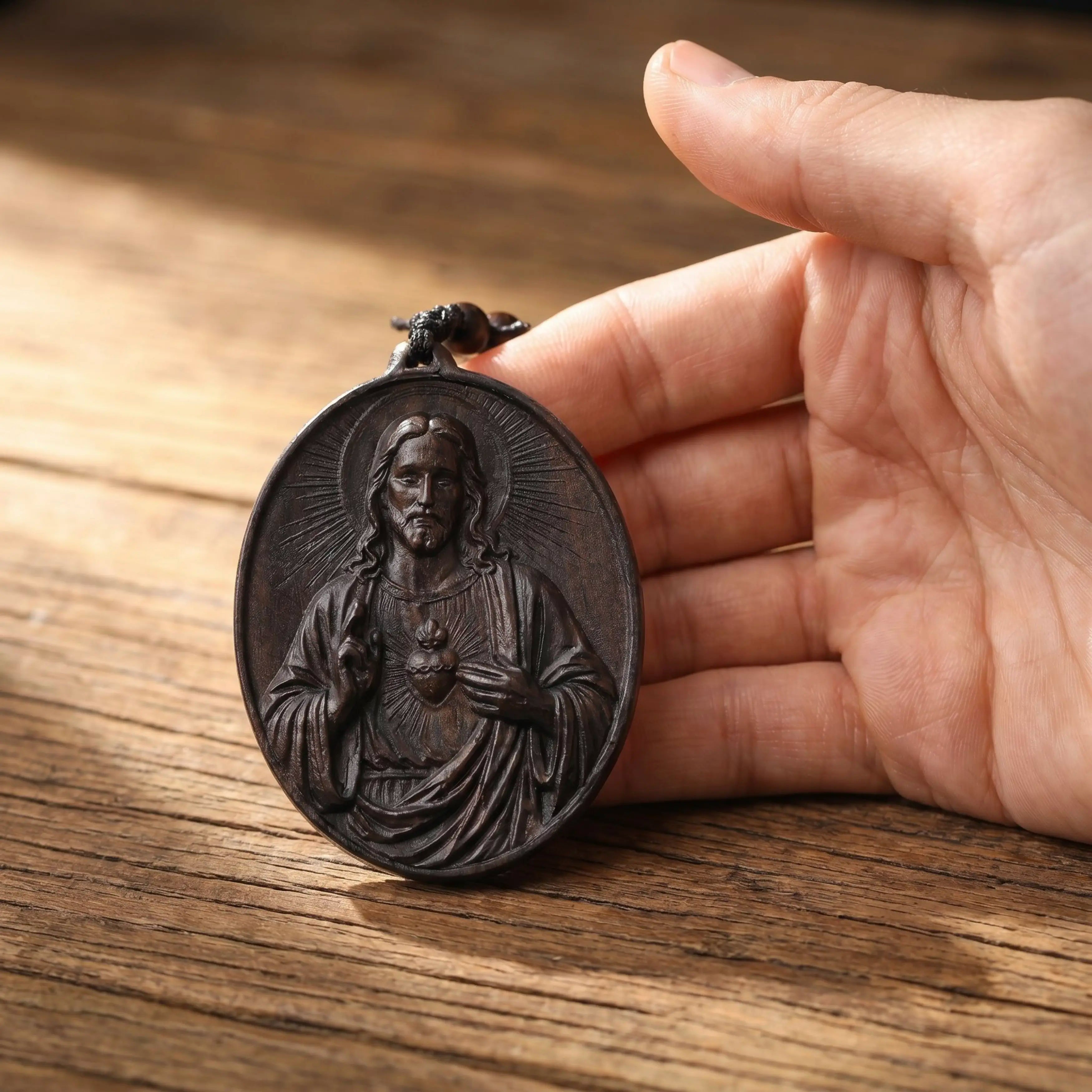 Handcrafted Ebony Wood Sacred Heart of Jesus Necklace