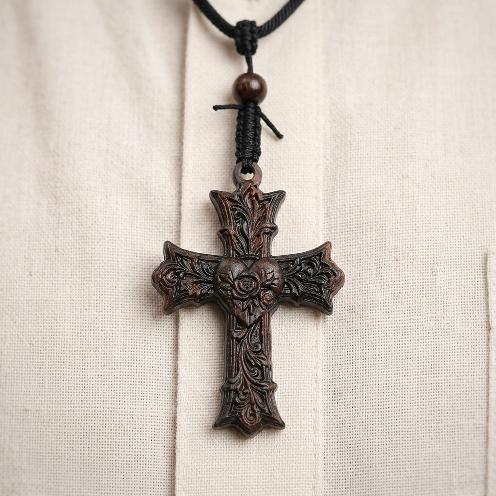 Handcrafted Ebony Wood Sacred Heart Cross Necklace – Personalized Catholic Jewelry – Reclaimed Antique Hardwood Christian Gift