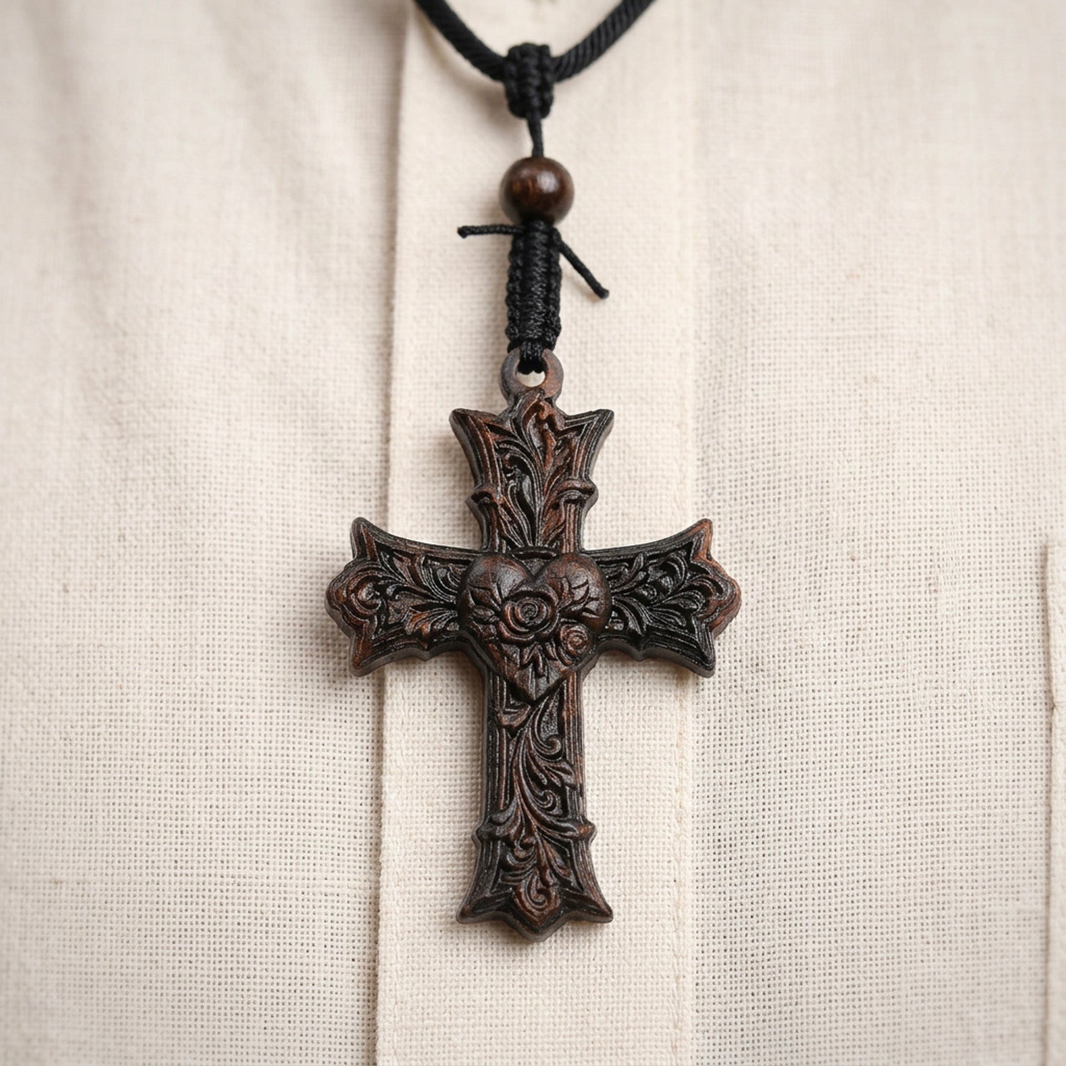 Handcrafted Ebony Wood Sacred Heart Cross Necklace – Personalized Catholic Jewelry – Reclaimed Antique Hardwood Christian Gift