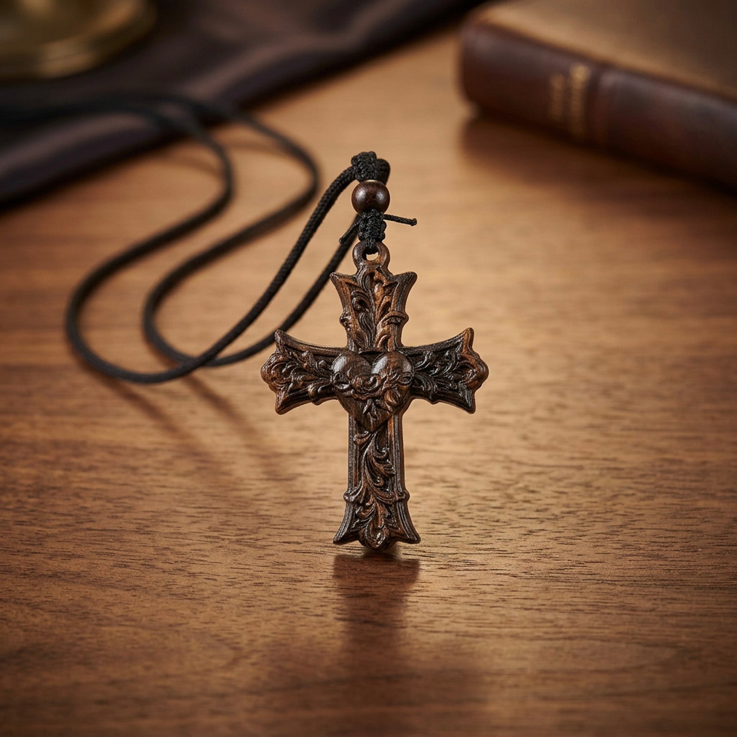 Handcrafted Ebony Wood Sacred Heart Cross Necklace – Personalized Catholic Jewelry – Reclaimed Antique Hardwood Christian Gift