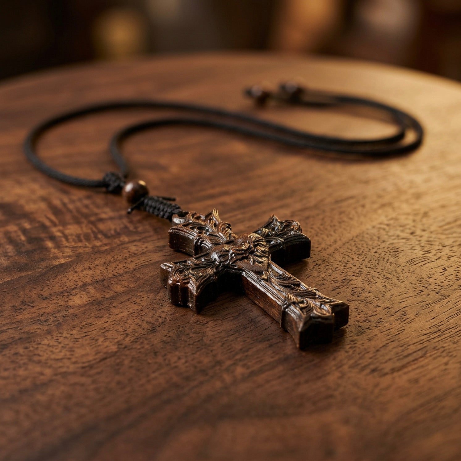 Handcrafted Ebony Wood Sacred Heart Cross Necklace – Personalized Catholic Jewelry – Reclaimed Antique Hardwood Christian Gift