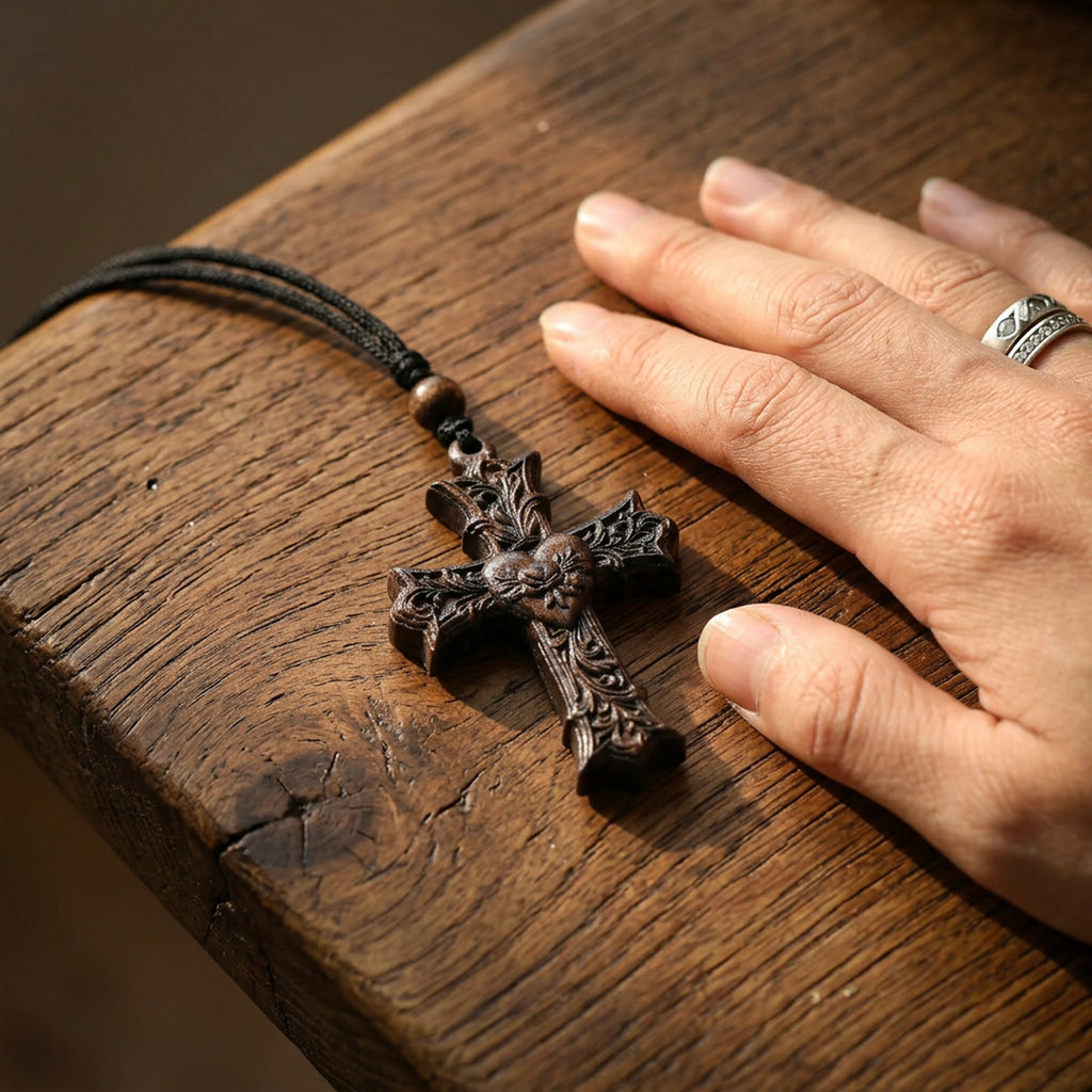 Handcrafted Ebony Wood Sacred Heart Cross Necklace – Personalized Catholic Jewelry – Reclaimed Antique Hardwood Christian Gift