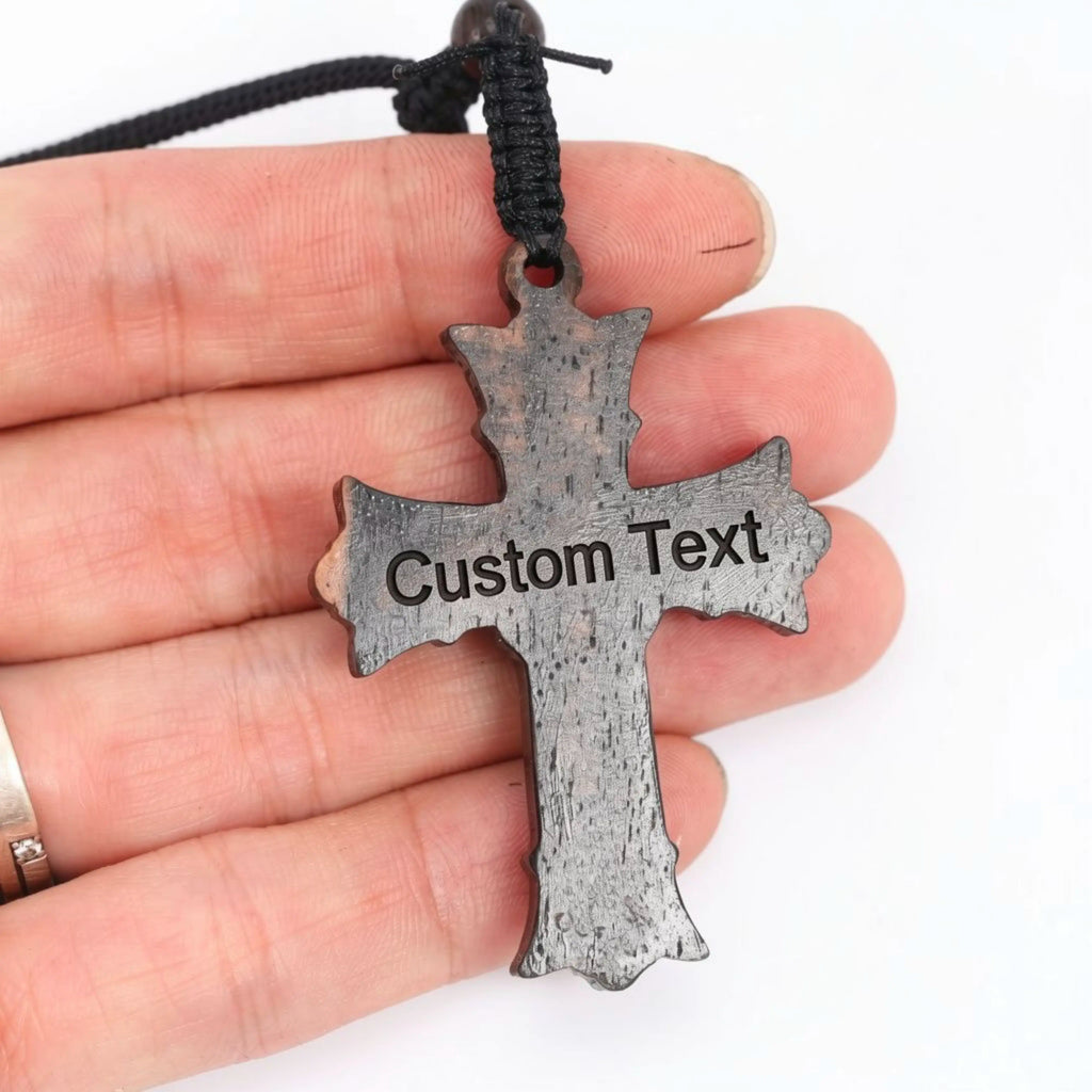 Handcrafted Ebony Wood Sacred Heart Cross Necklace – Personalized Catholic Jewelry – Reclaimed Antique Hardwood Christian Gift