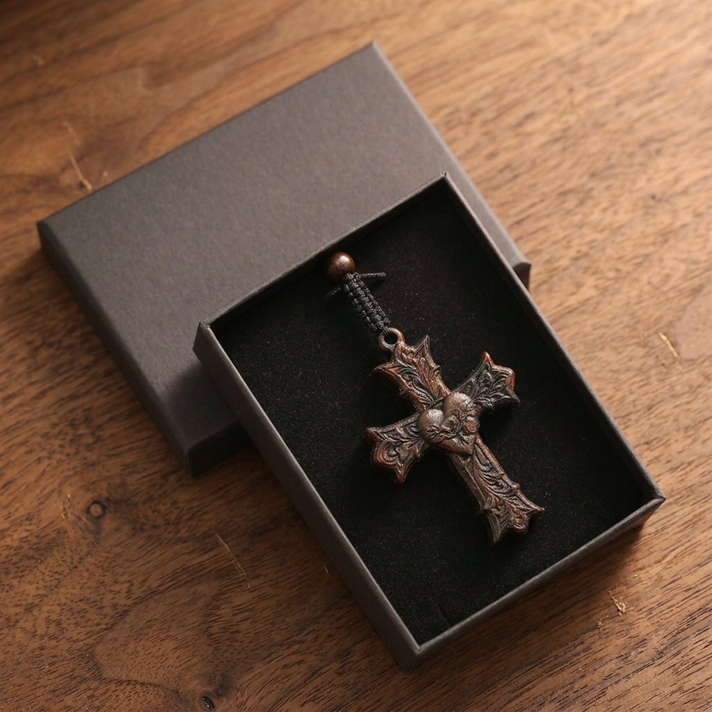Handcrafted Ebony Wood Sacred Heart Cross Necklace – Personalized Catholic Jewelry – Reclaimed Antique Hardwood Christian Gift