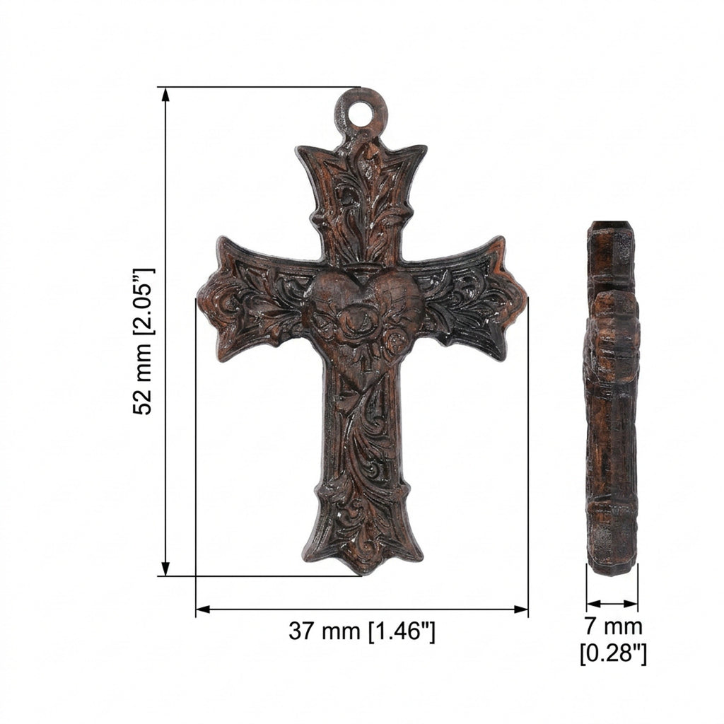 Handcrafted Ebony Wood Sacred Heart Cross Necklace – Personalized Catholic Jewelry – Reclaimed Antique Hardwood Christian Gift