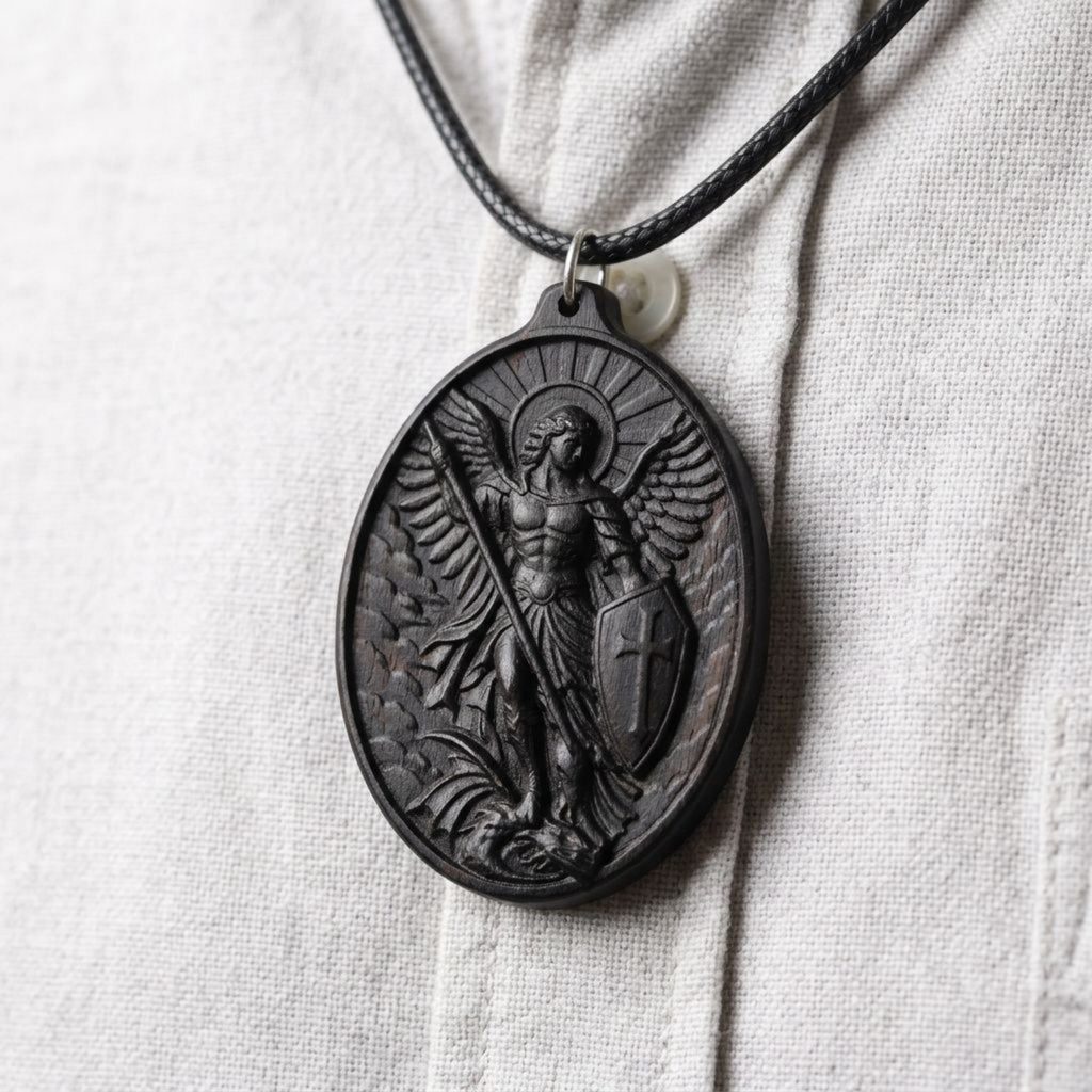 Saint Michael Oval Medallion Necklace – Spiritual Warrior Protector Pendant, Handcrafted Ebony Wood