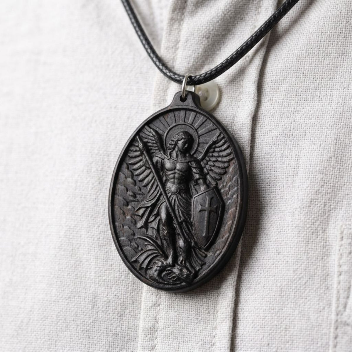 Saint Michael Oval Medallion Necklace – Spiritual Warrior Protector Pendant, Handcrafted Ebony Wood