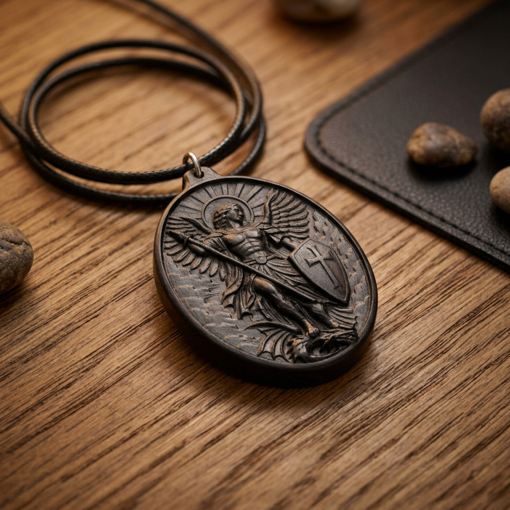 Saint Michael Oval Medallion Necklace – Spiritual Warrior Protector Pendant, Handcrafted Ebony Wood