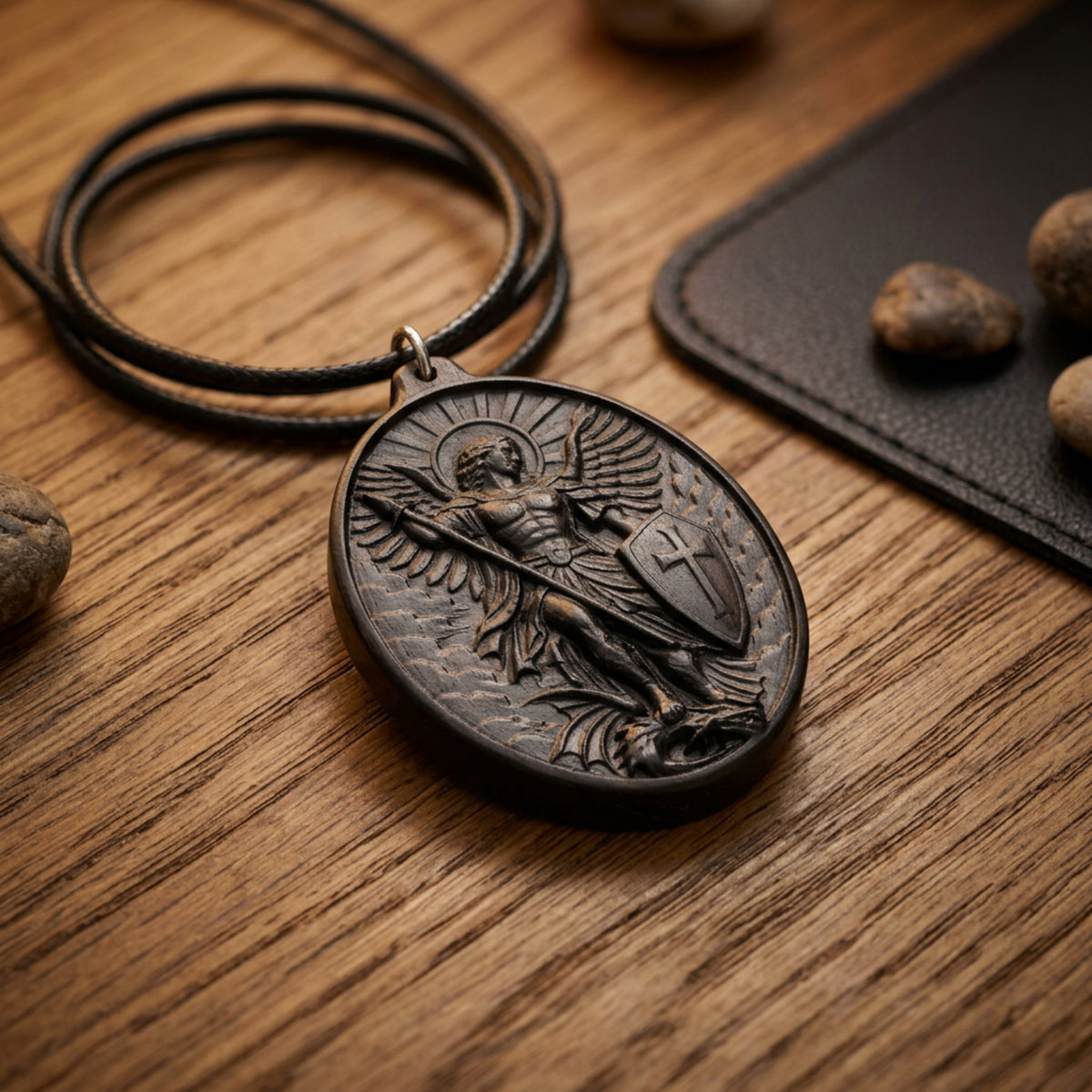 Saint Michael Oval Medallion Necklace – Spiritual Warrior Protector Pendant, Handcrafted Ebony Wood