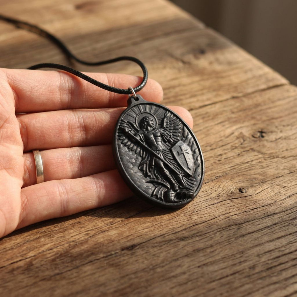 Saint Michael Oval Medallion Necklace – Spiritual Warrior Protector Pendant, Handcrafted Ebony Wood