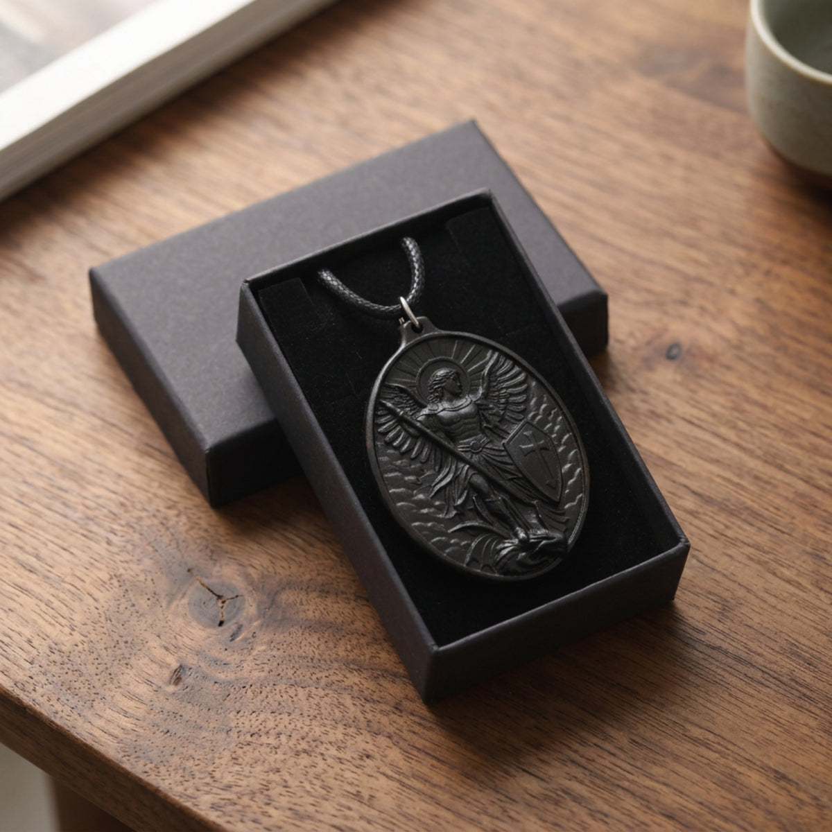 Saint Michael Oval Medallion Necklace – Spiritual Warrior Protector Pendant, Handcrafted Ebony Wood