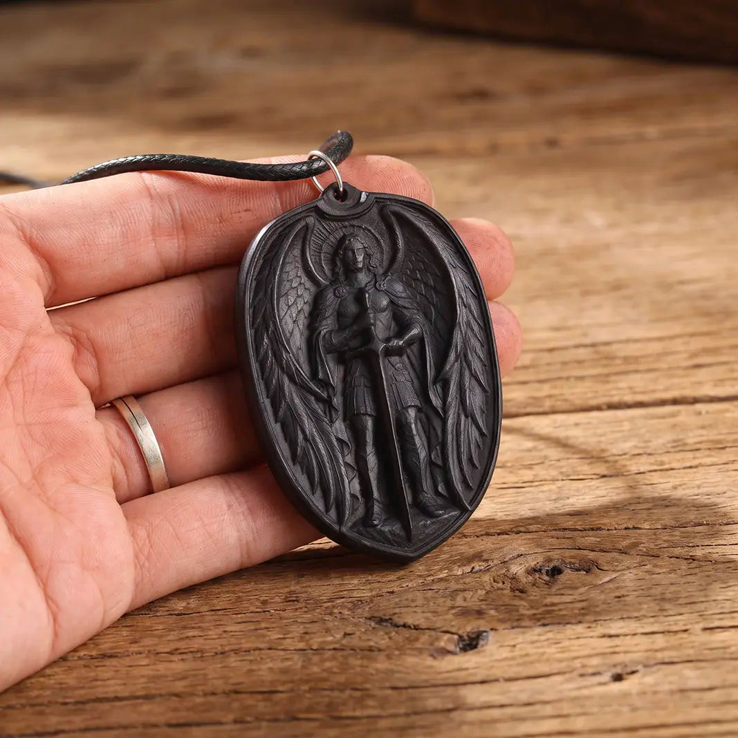 Personalized Saint Michael Oval Medallion Necklace – Handcrafted Ebony Wood Archangel Michael Pendant