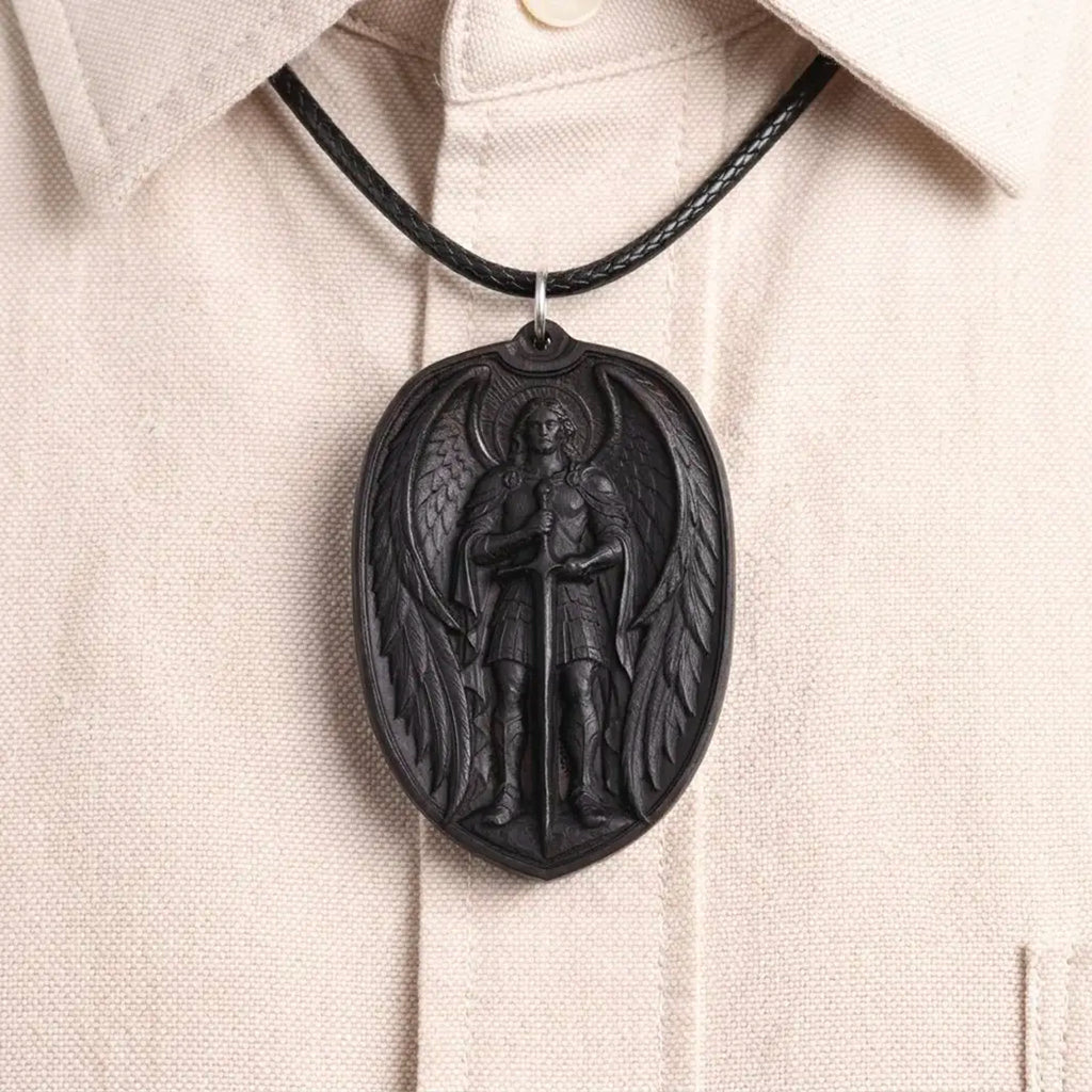 Personalized Saint Michael Oval Medallion Necklace – Handcrafted Ebony Wood Archangel Michael Pendant