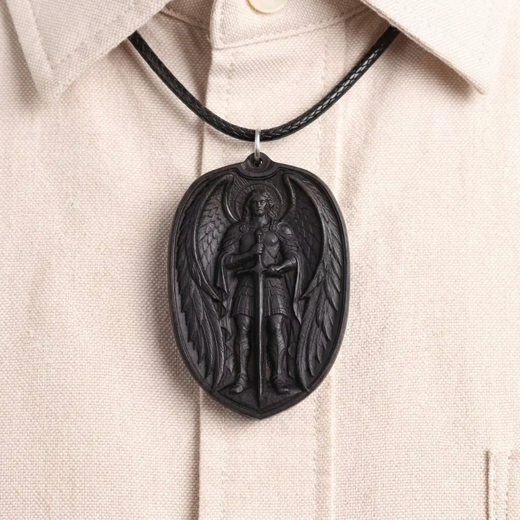Personalized Saint Michael Oval Medallion Necklace – Handcrafted Ebony Wood Archangel Michael Pendant