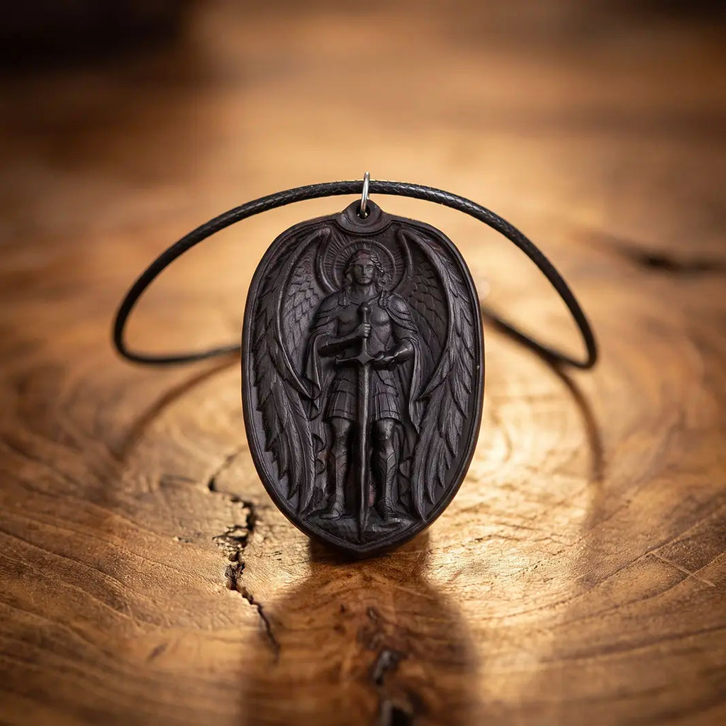 Personalized Saint Michael Oval Medallion Necklace – Handcrafted Ebony Wood Archangel Michael Pendant
