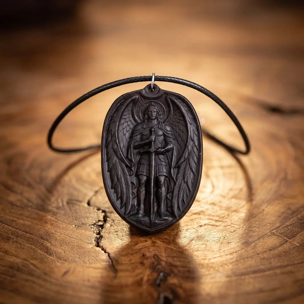 Personalized Saint Michael Oval Medallion Necklace – Handcrafted Ebony Wood Archangel Michael Pendant