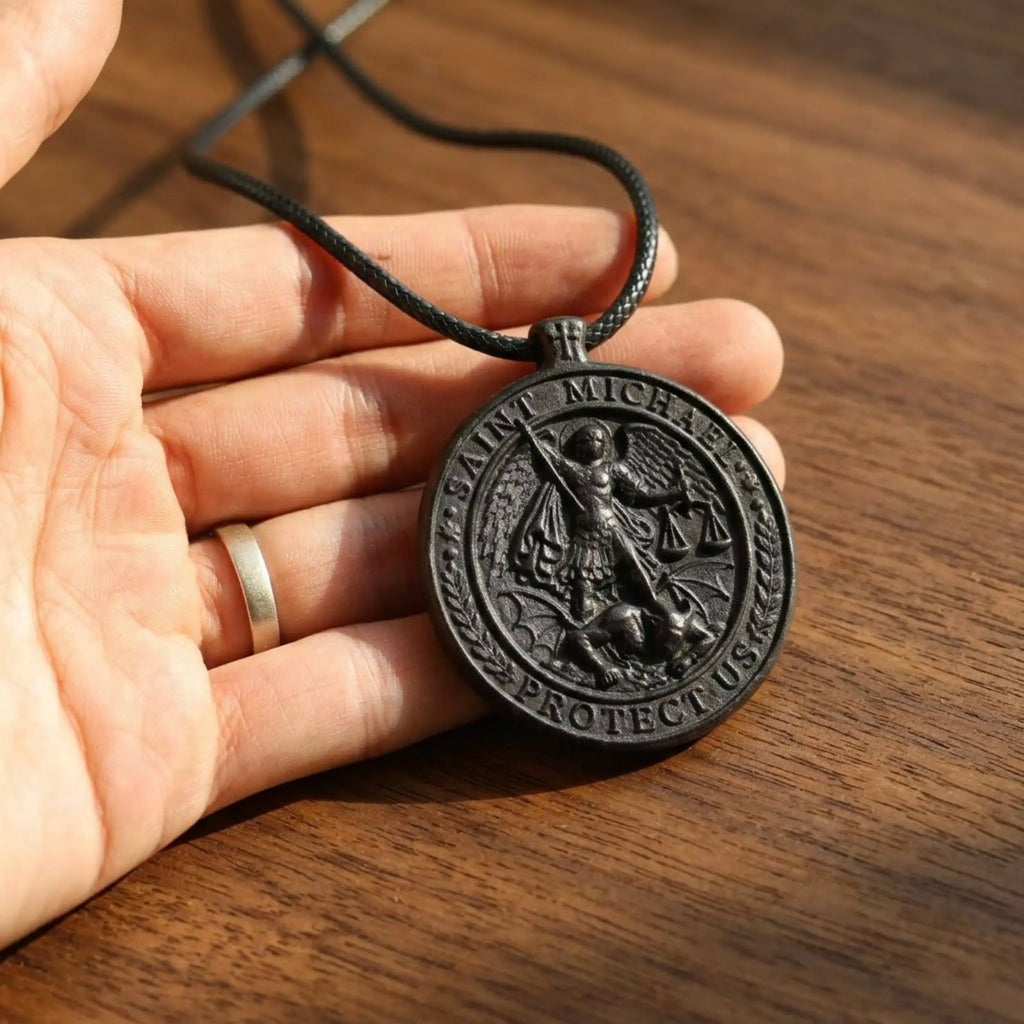 Saint Michael Protect Us Necklace – Handmade Ebony Wood Pendant, Catholic Protection Medal
