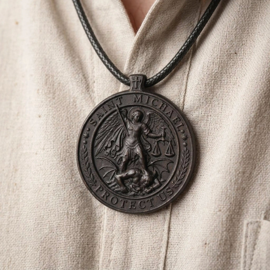 Saint Michael Protect Us Necklace – Handmade Ebony Wood Pendant, Catholic Protection Medal