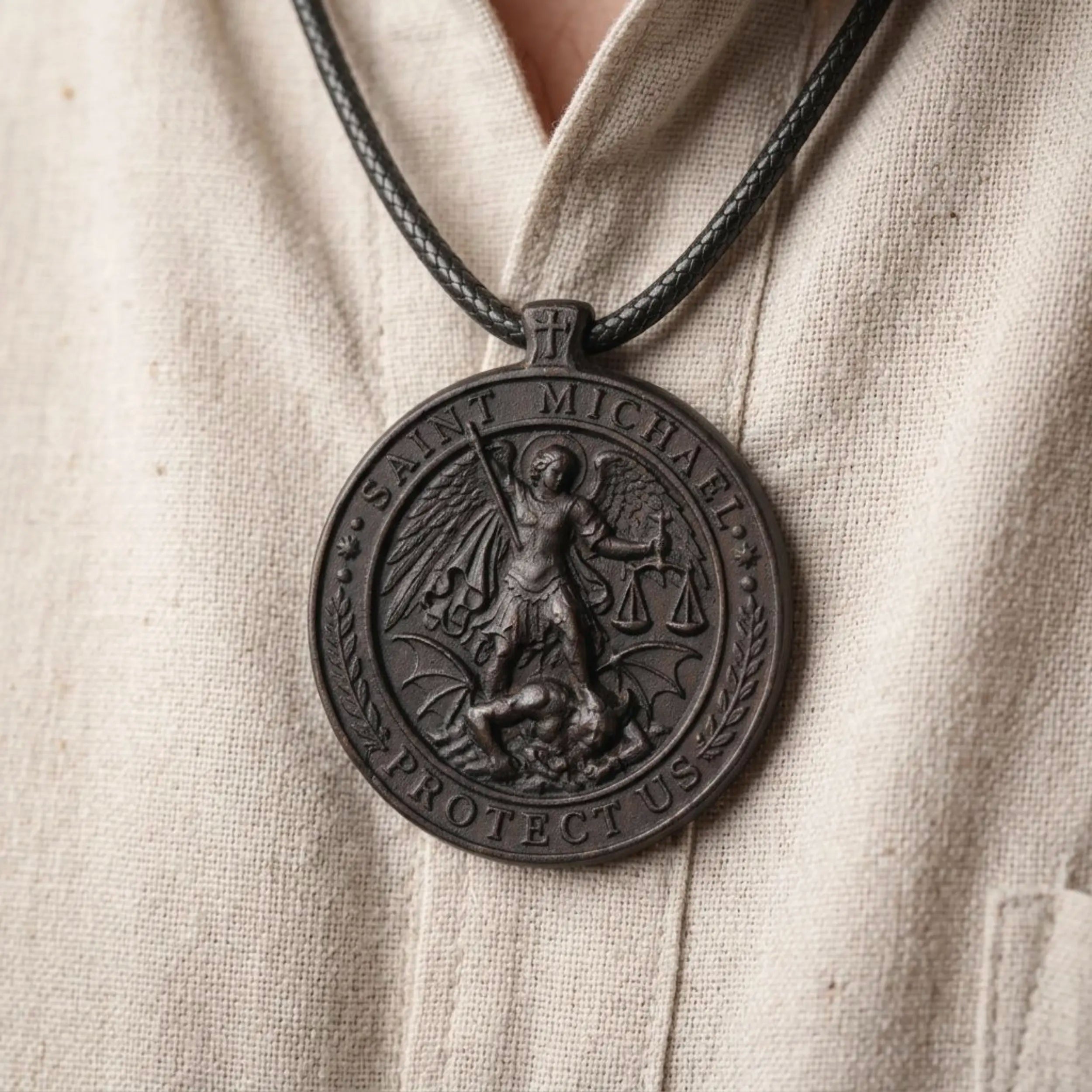 Saint Michael Protect Us Necklace – Handmade Ebony Wood Pendant, Catholic Protection Medal