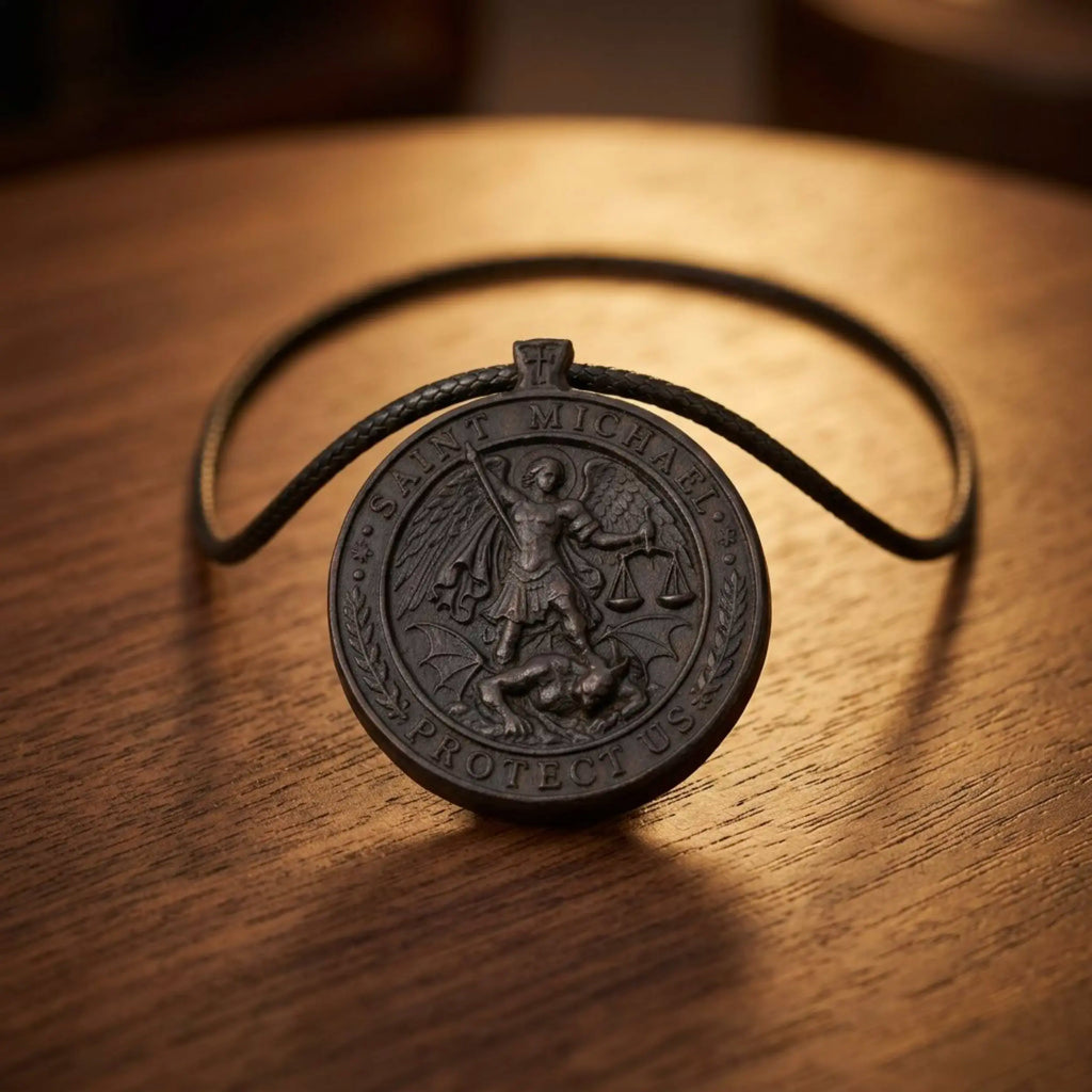 Saint Michael Protect Us Necklace – Handmade Ebony Wood Pendant, Catholic Protection Medal