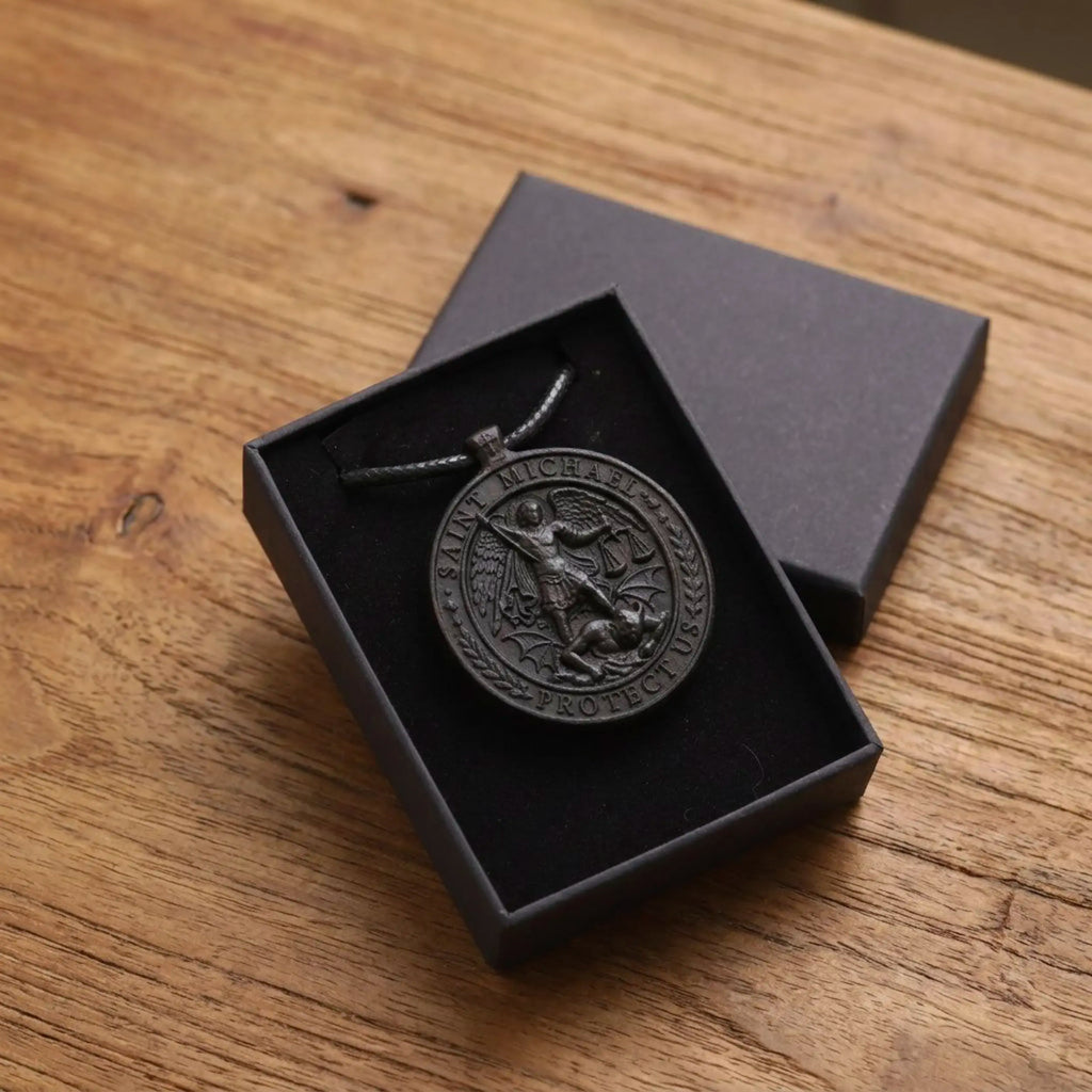 Saint Michael Protect Us Necklace – Handmade Ebony Wood Pendant, Catholic Protection Medal