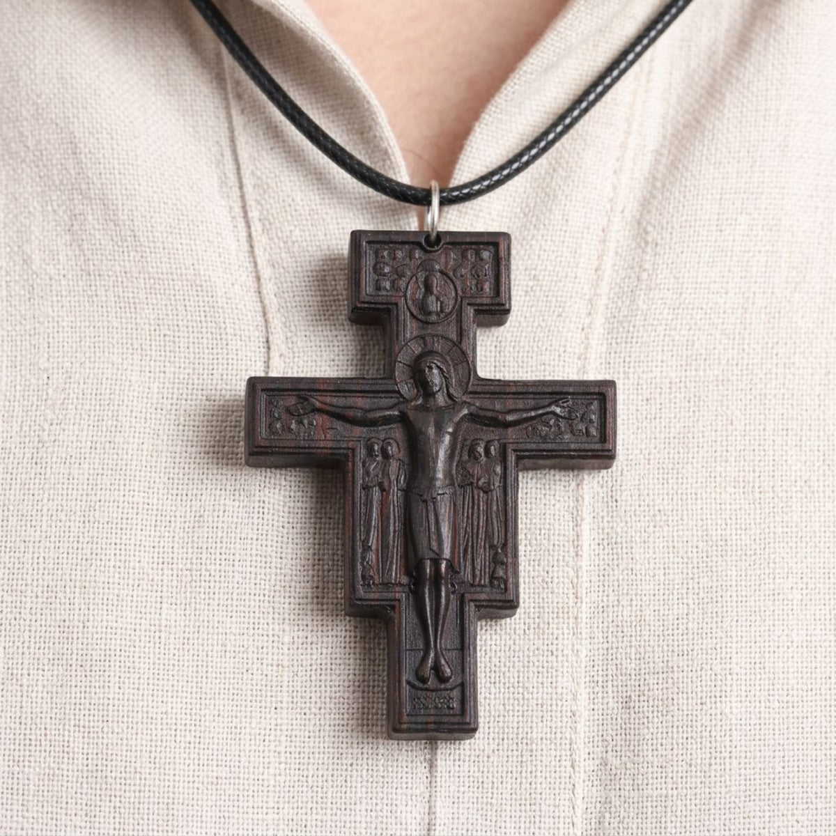 San Damiano Cross Necklace – Catholic Crucifix Pendant, Handcrafted Reclaimed Ebony Wood