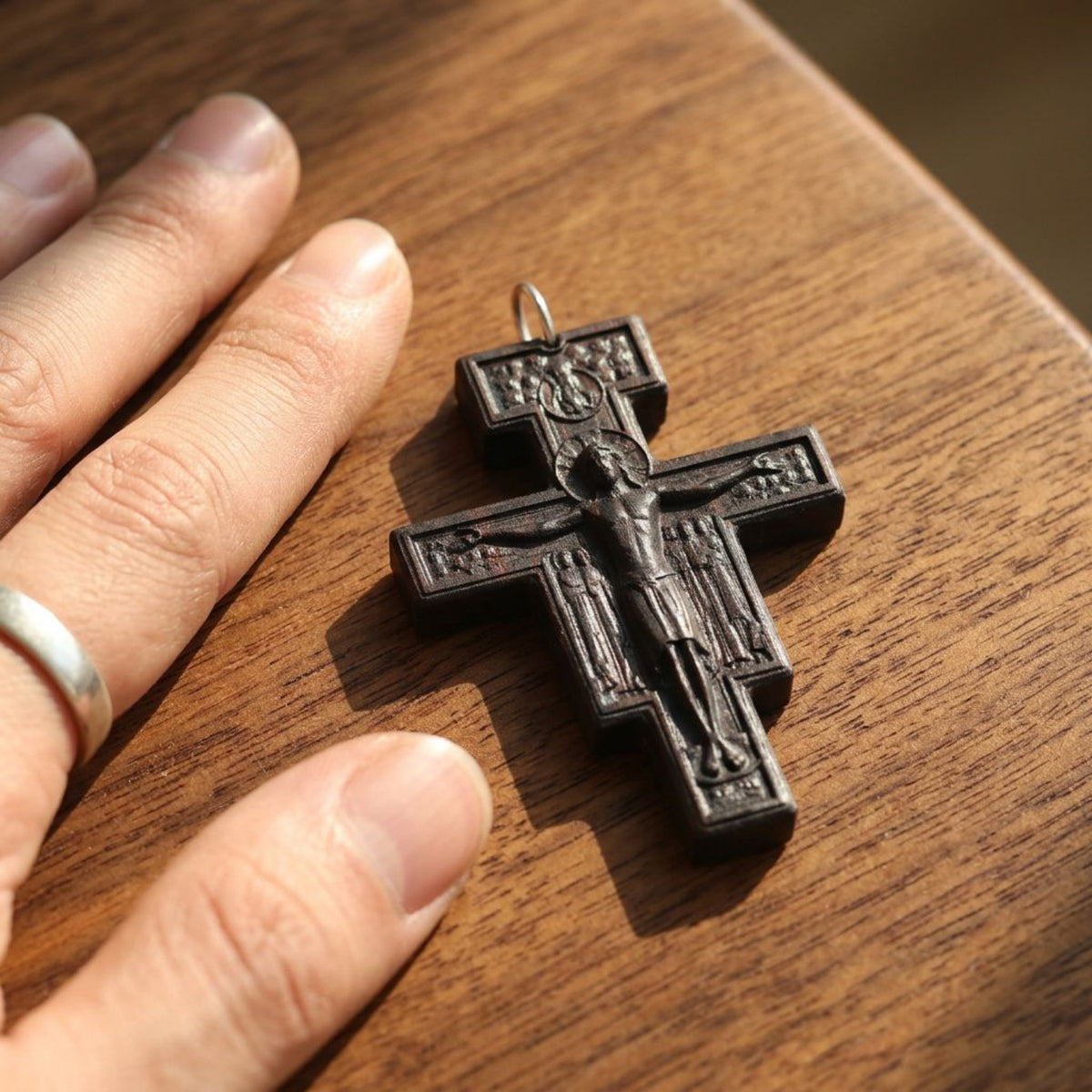 San Damiano Cross Necklace – Catholic Crucifix Pendant, Handcrafted Reclaimed Ebony Wood