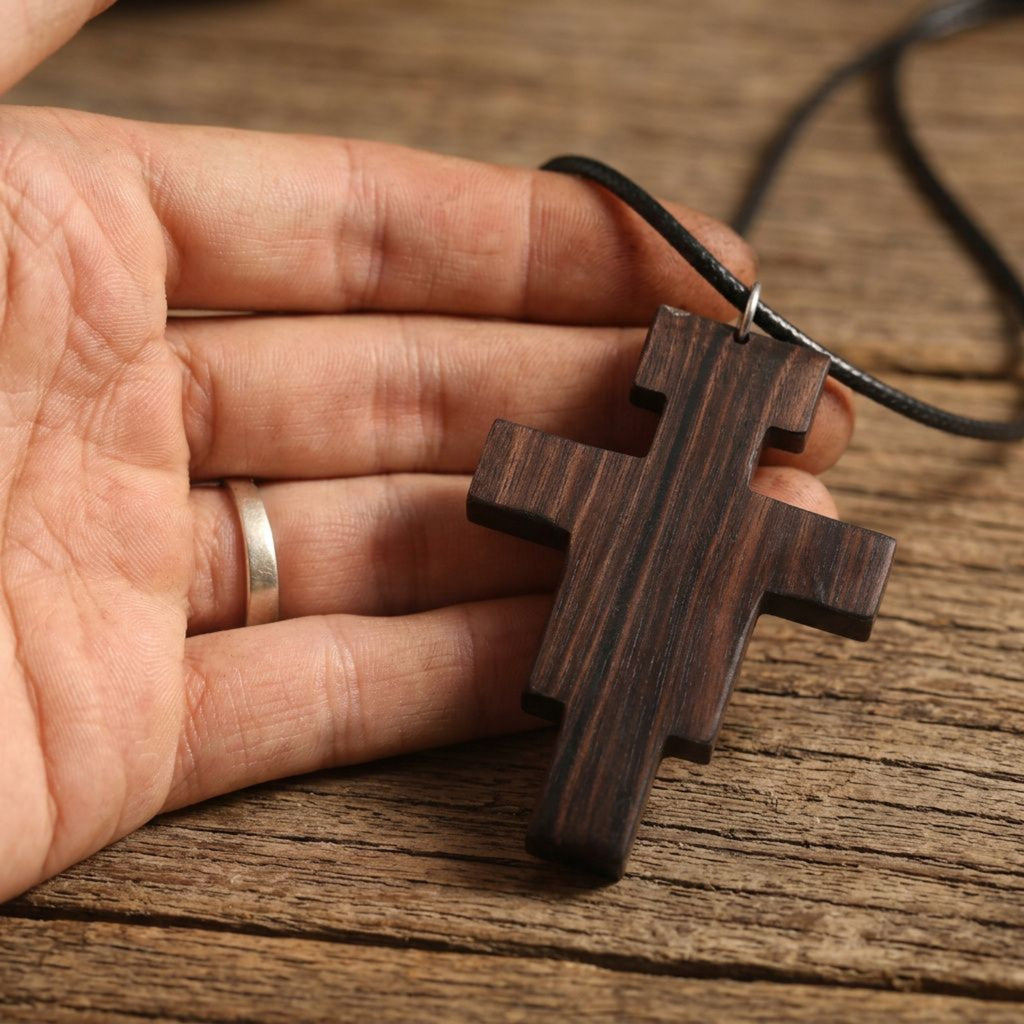 San Damiano Cross Necklace – Catholic Crucifix Pendant, Handcrafted Reclaimed Ebony Wood