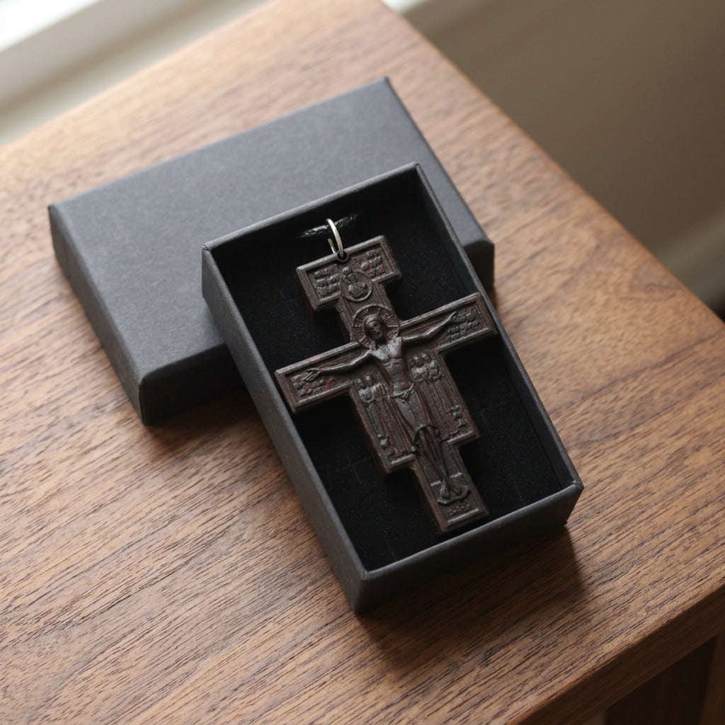 San Damiano Cross Necklace – Catholic Crucifix Pendant, Handcrafted Reclaimed Ebony Wood