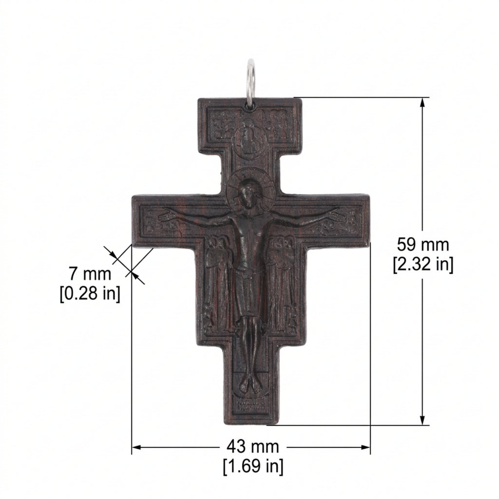 San Damiano Cross Necklace – Catholic Crucifix Pendant, Handcrafted Reclaimed Ebony Wood