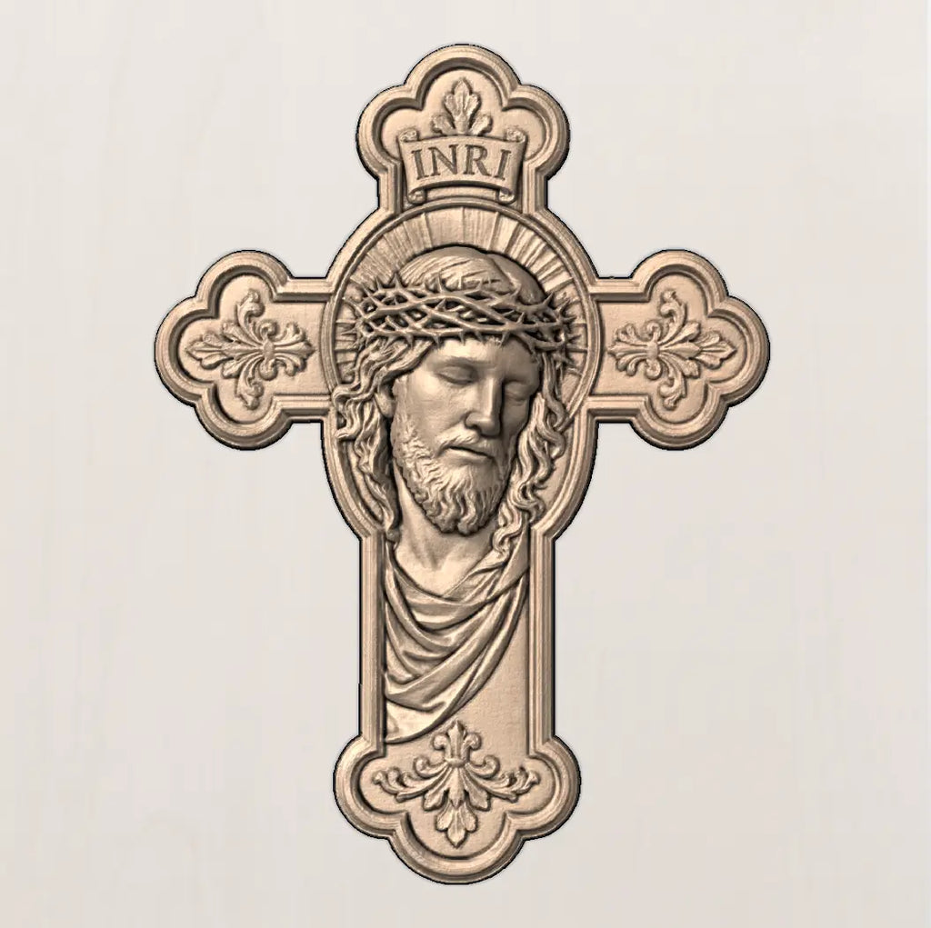 Jesus Face Cross 3D STL Model - Ornate Relief File for CNC Router & 3D Printing