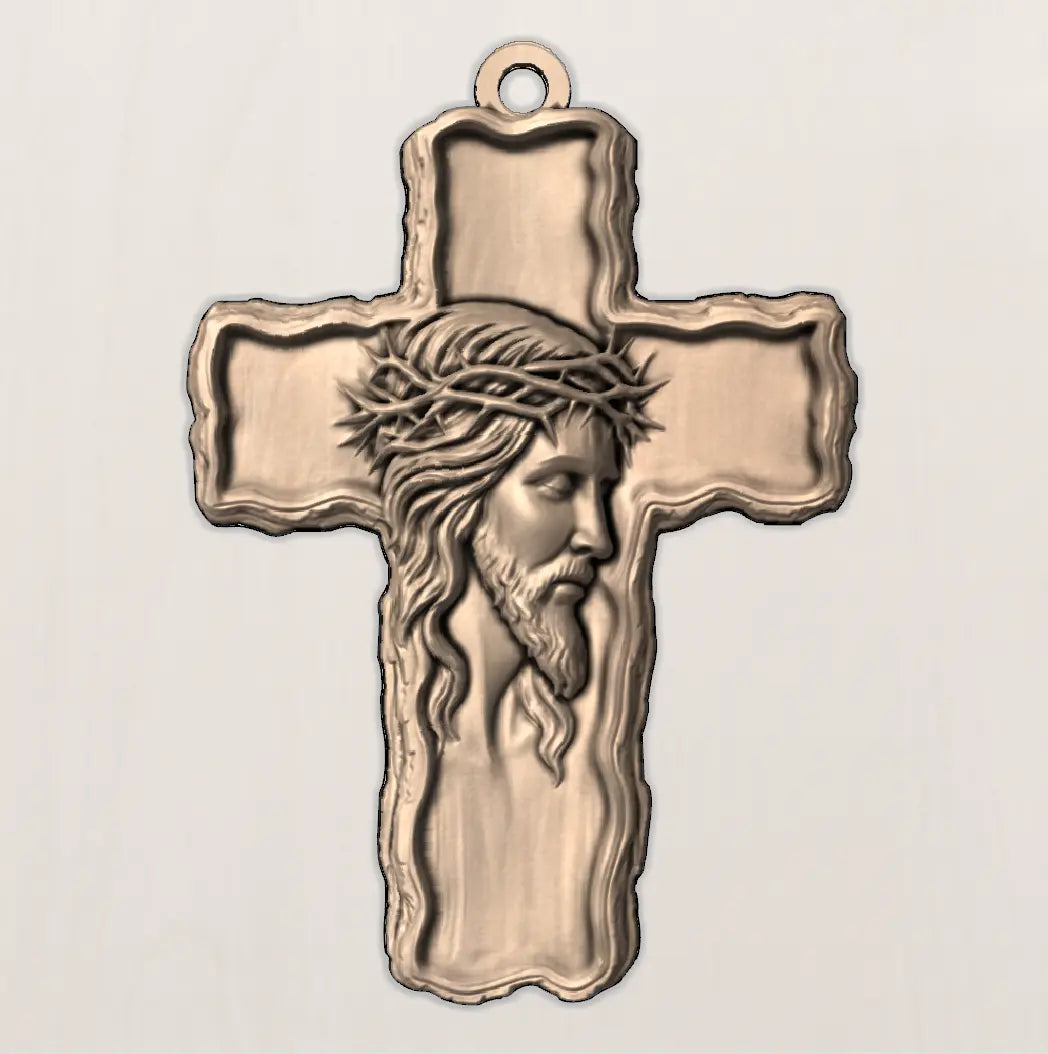 Wooden Crucifix 3D STL Model - Rustic Cross Pendant Relief File for CNC & 3D Printing