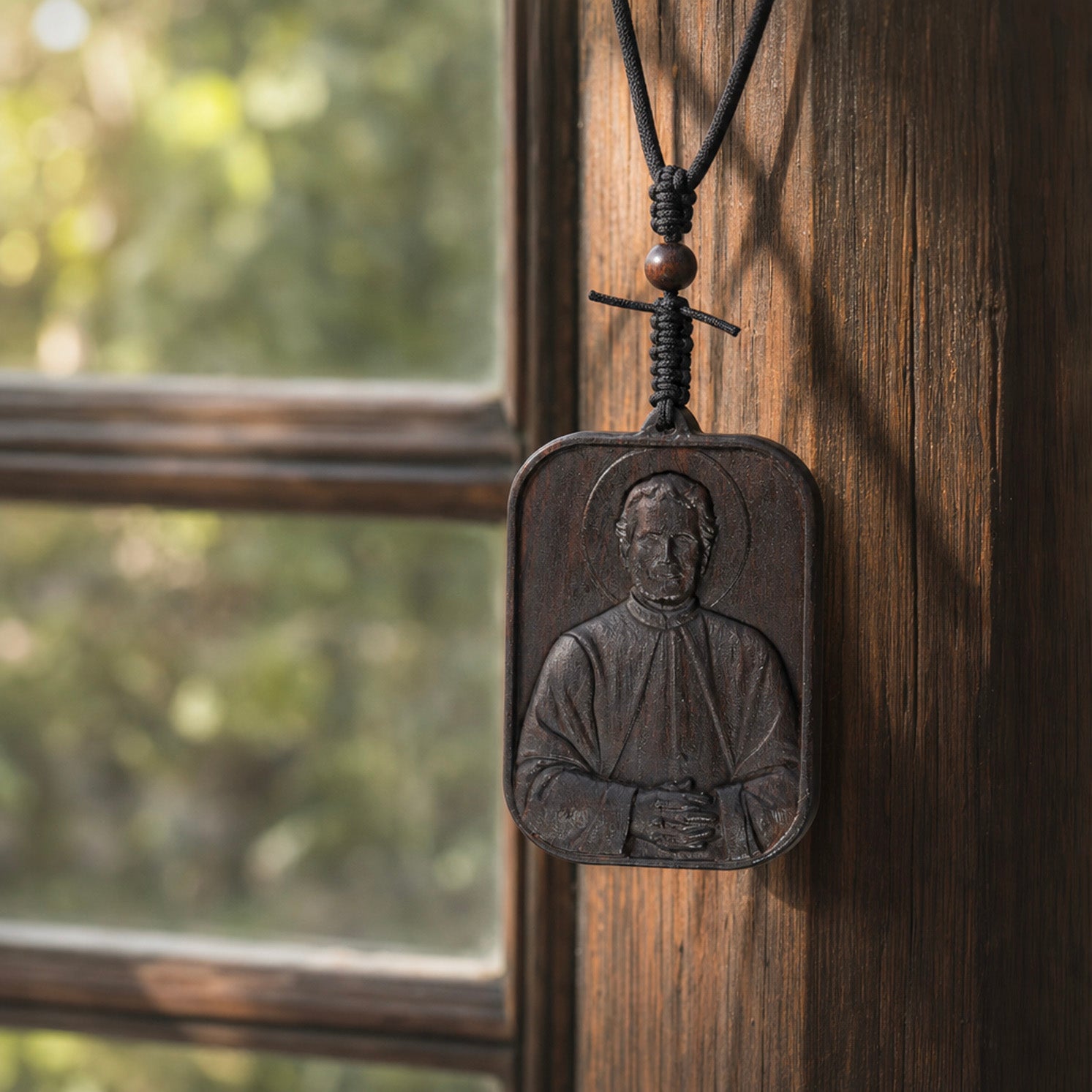 St John Bosco Necklace - Handmade Black Ebony Wood Pendant