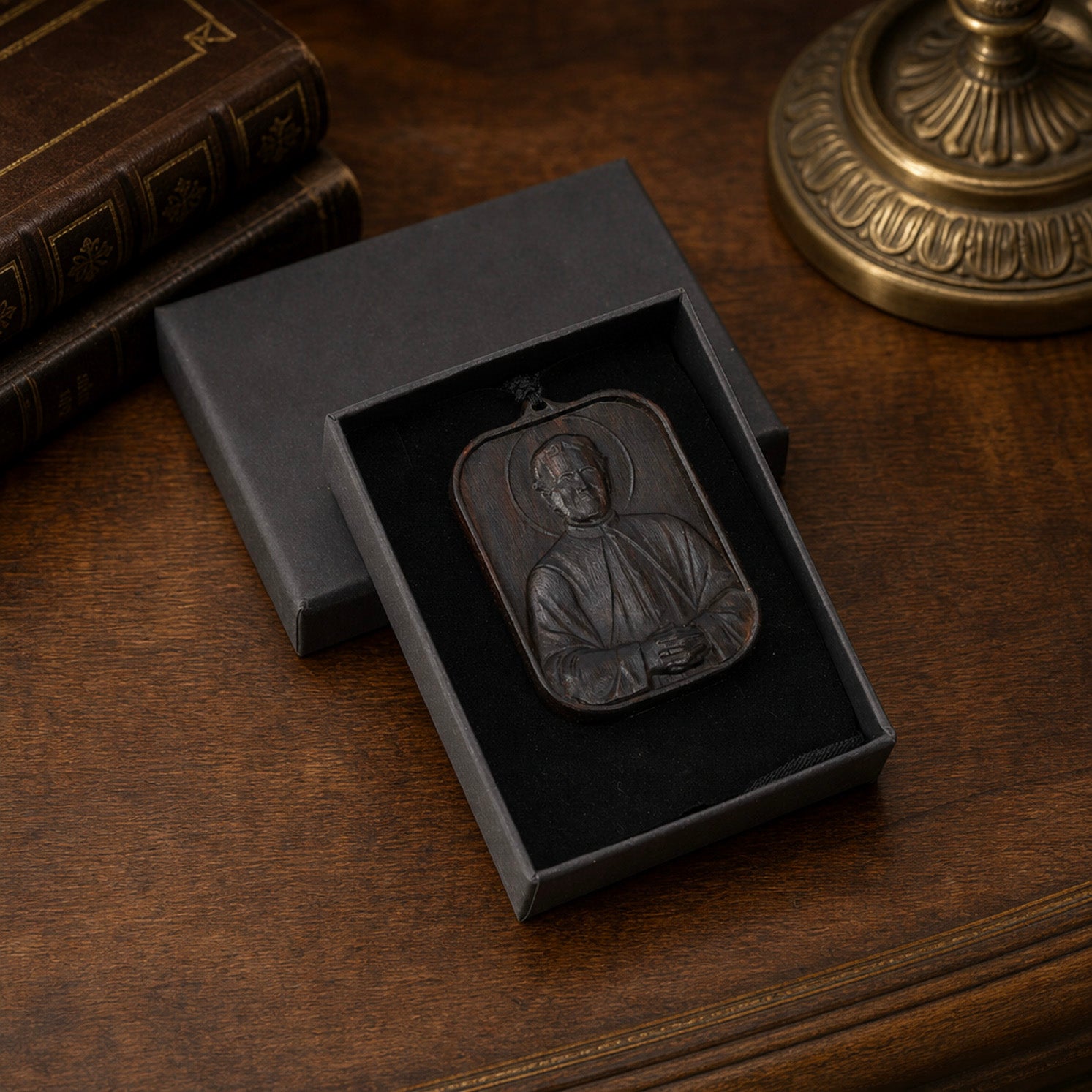 St John Bosco Necklace - Handmade Black Ebony Wood Pendant